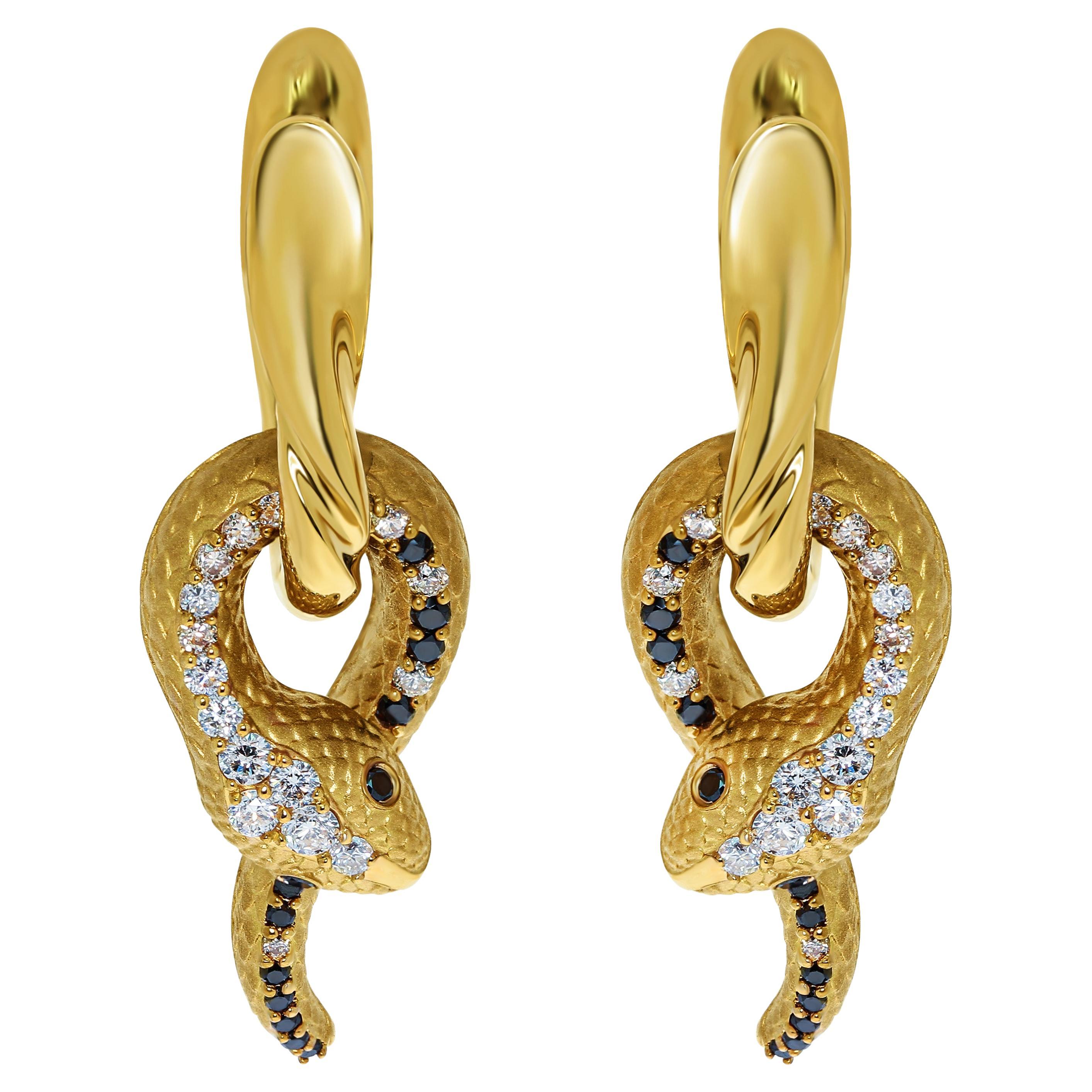 White, Champagne and Black Diamonds 18 Karat Yellow Gold Snake Earrings For Sale