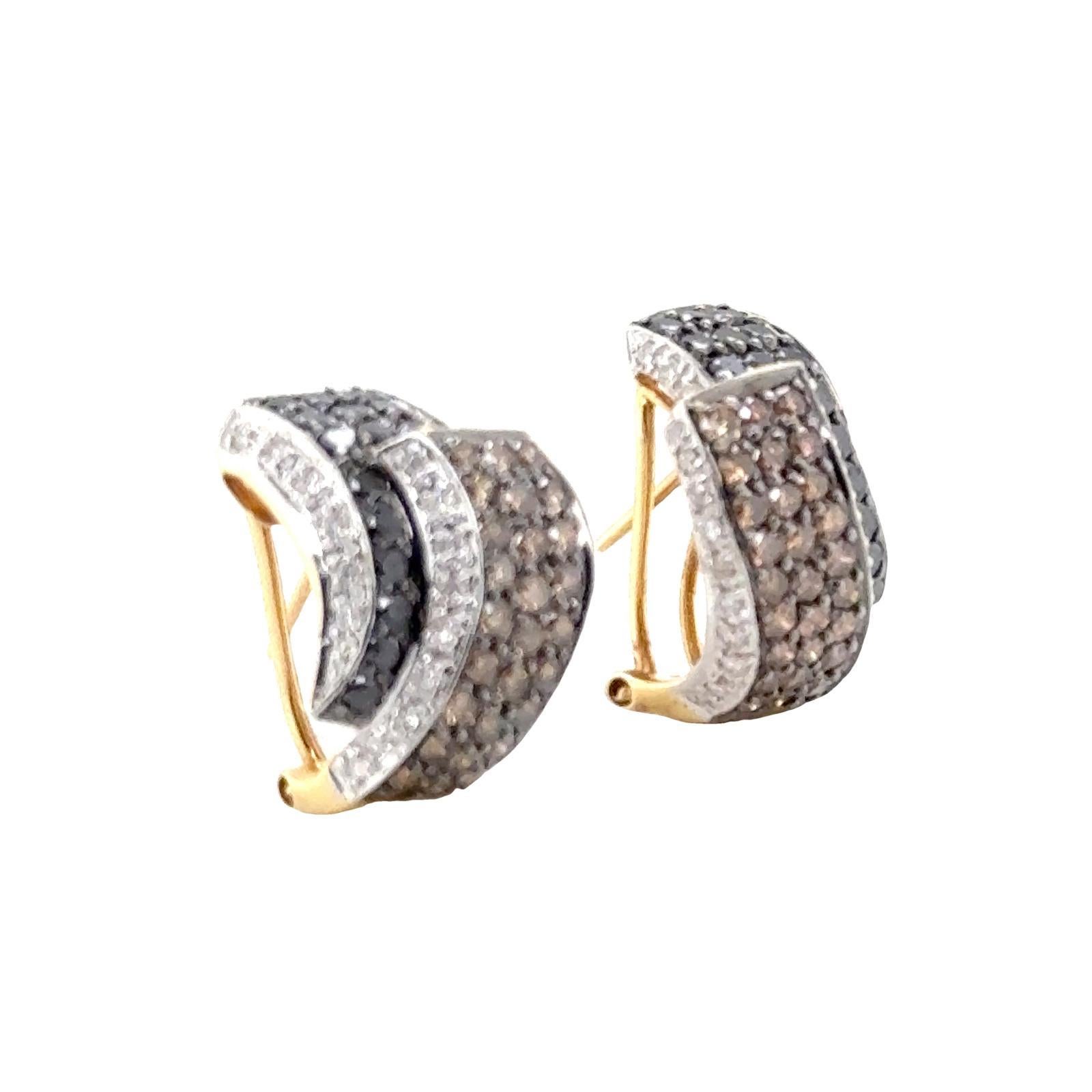 White Champagne & Black Diamond 14 Karat Yellow Gold Ribbon Leverback Earrings In Excellent Condition For Sale In Boca Raton, FL
