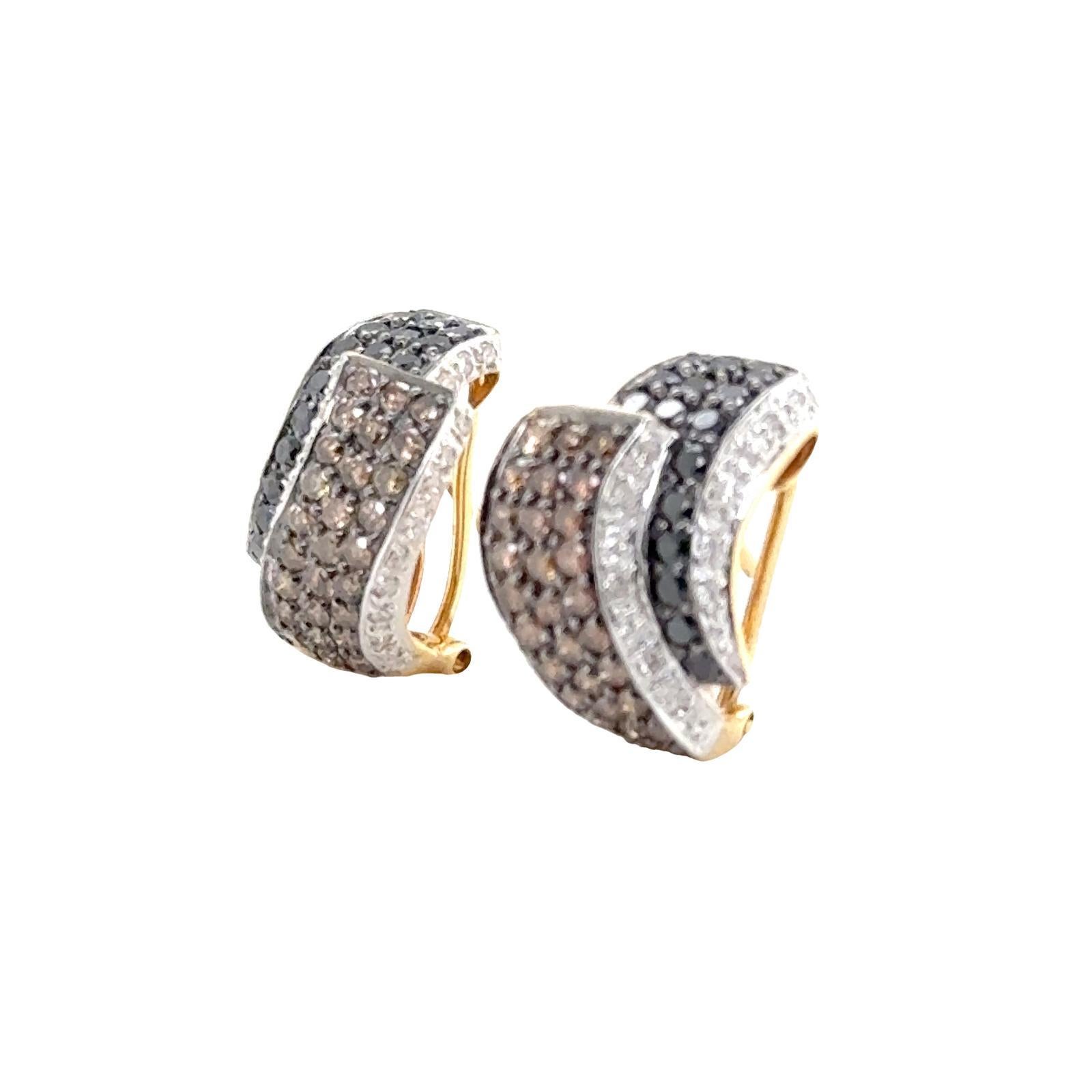 Women's White Champagne & Black Diamond 14 Karat Yellow Gold Ribbon Leverback Earrings For Sale