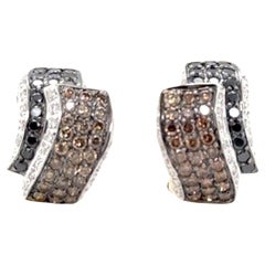 White Champagne & Black Diamond 14 Karat Yellow Gold Ribbon Leverback Earrings