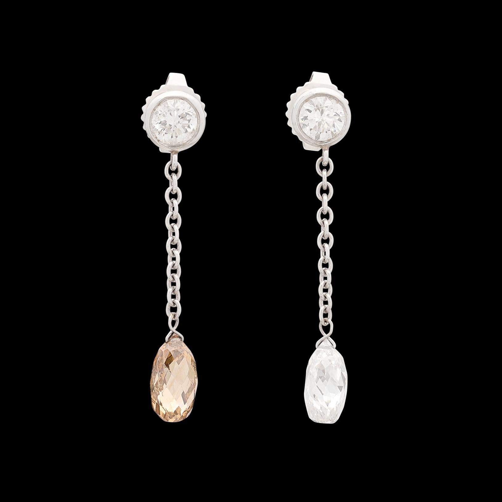 Weiße & Champagner-Diamant-Tropfen-Ohrringe aus Platin (Briolette)