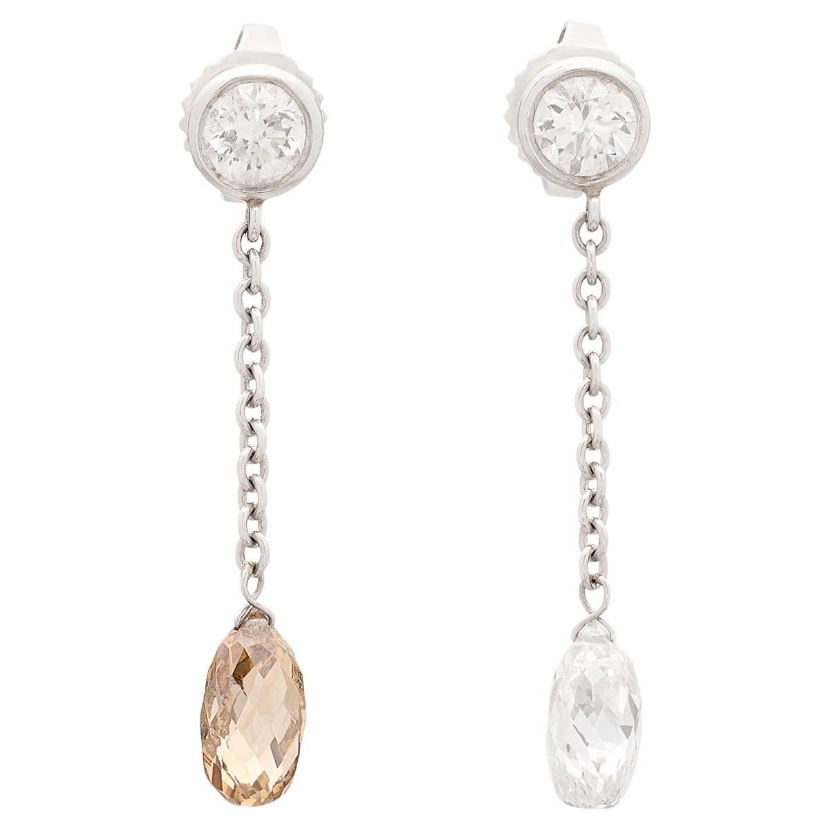 Weiße & Champagner-Diamant-Tropfen-Ohrringe aus Platin