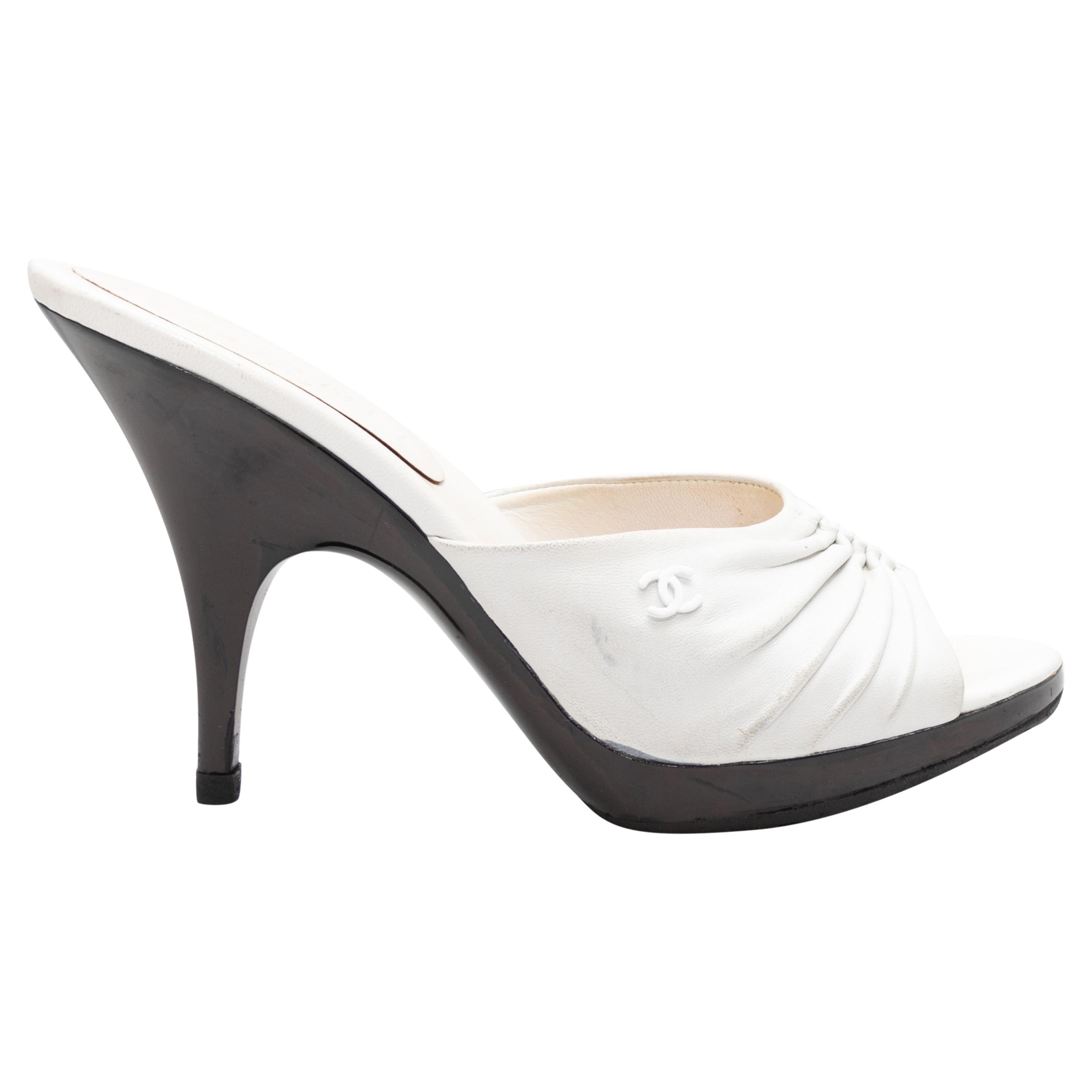 White Chanel Heeled Leather Sandals For Sale