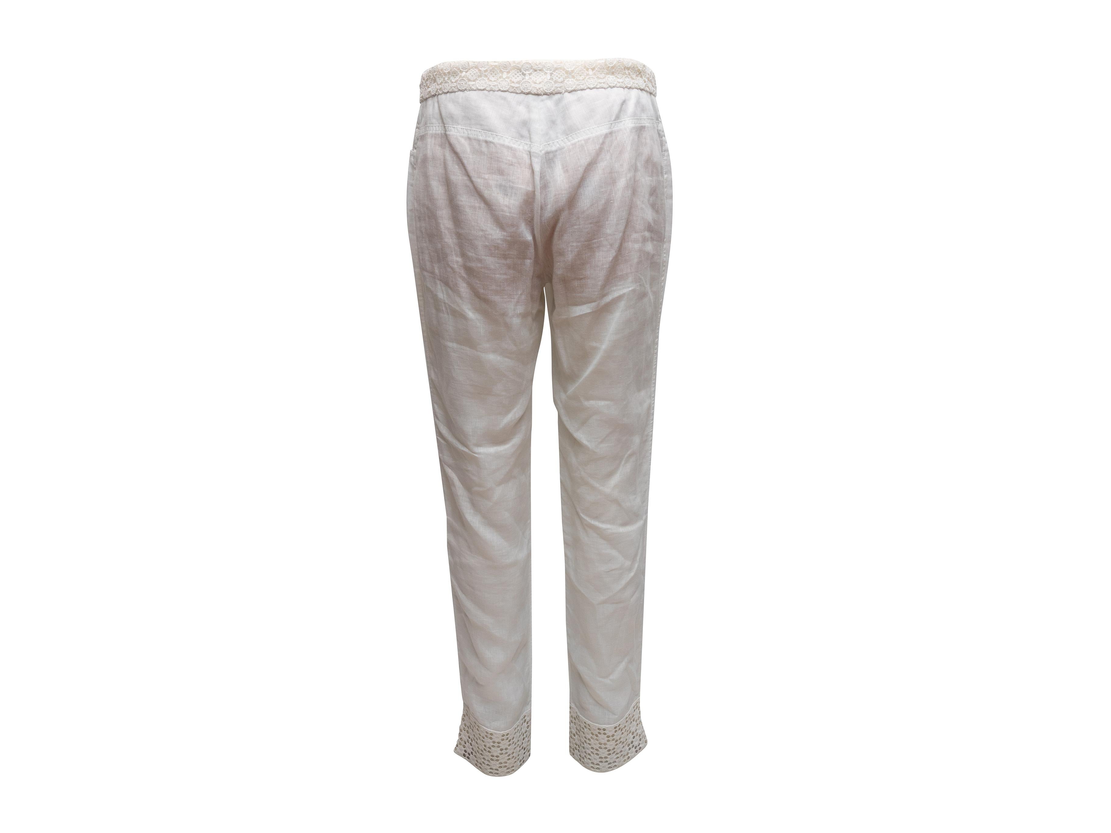 Gray White Chanel Linen Lace-Trimmed Pants Size FR 42 For Sale