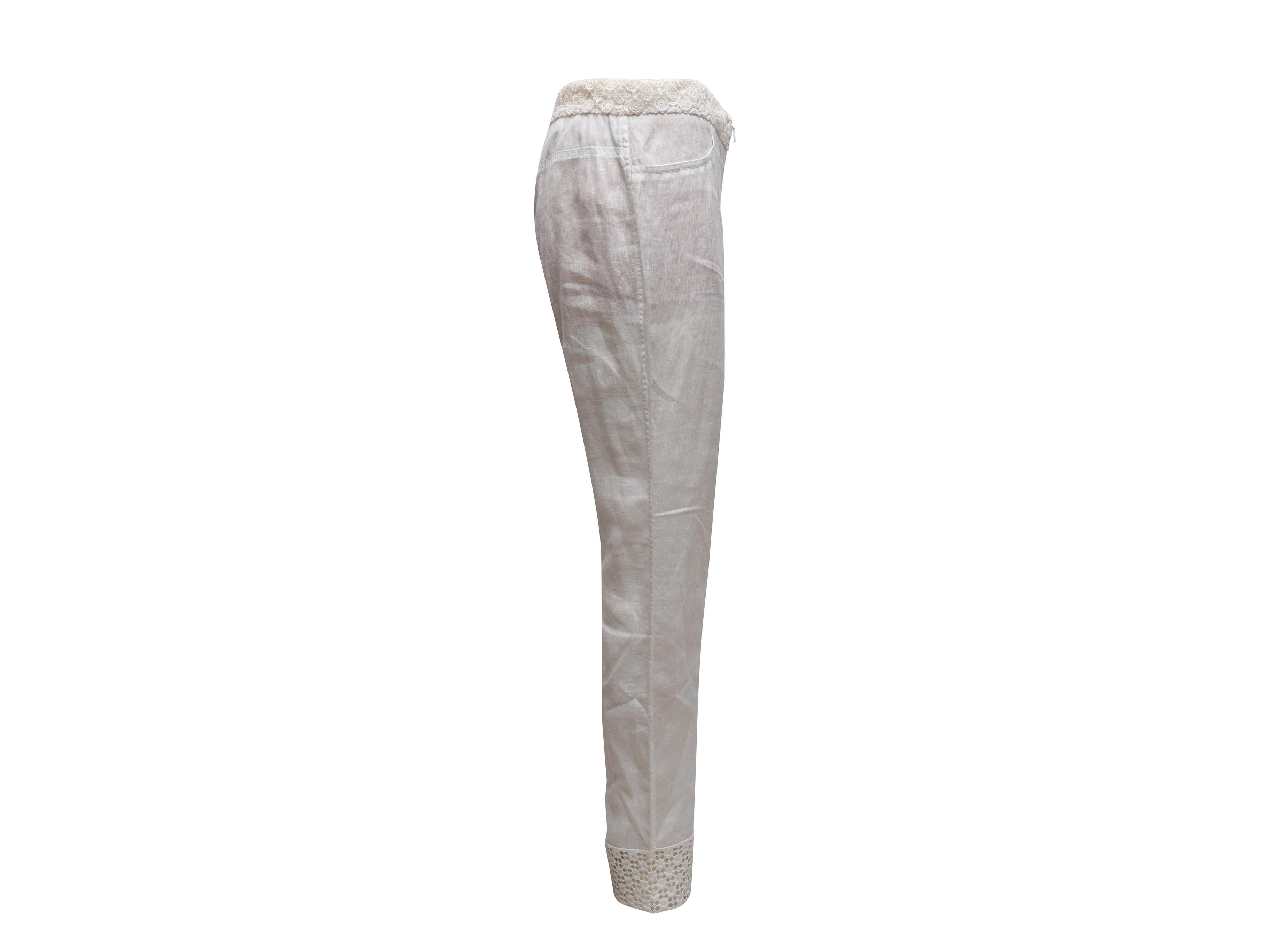 White Chanel Linen Lace-Trimmed Pants Size FR 42 In Good Condition For Sale In New York, NY