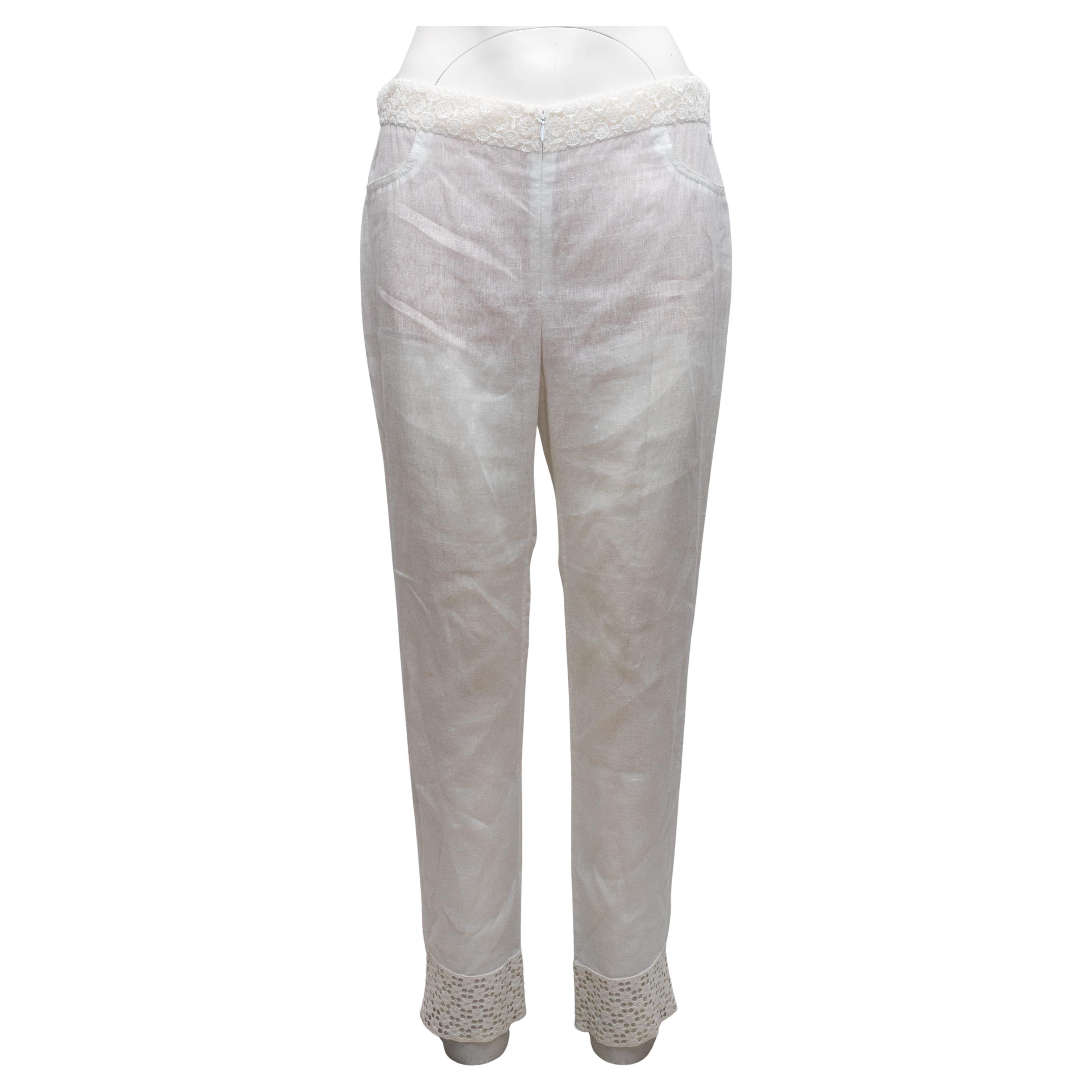 White Chanel Linen Lace-Trimmed Pants Size FR 42 For Sale