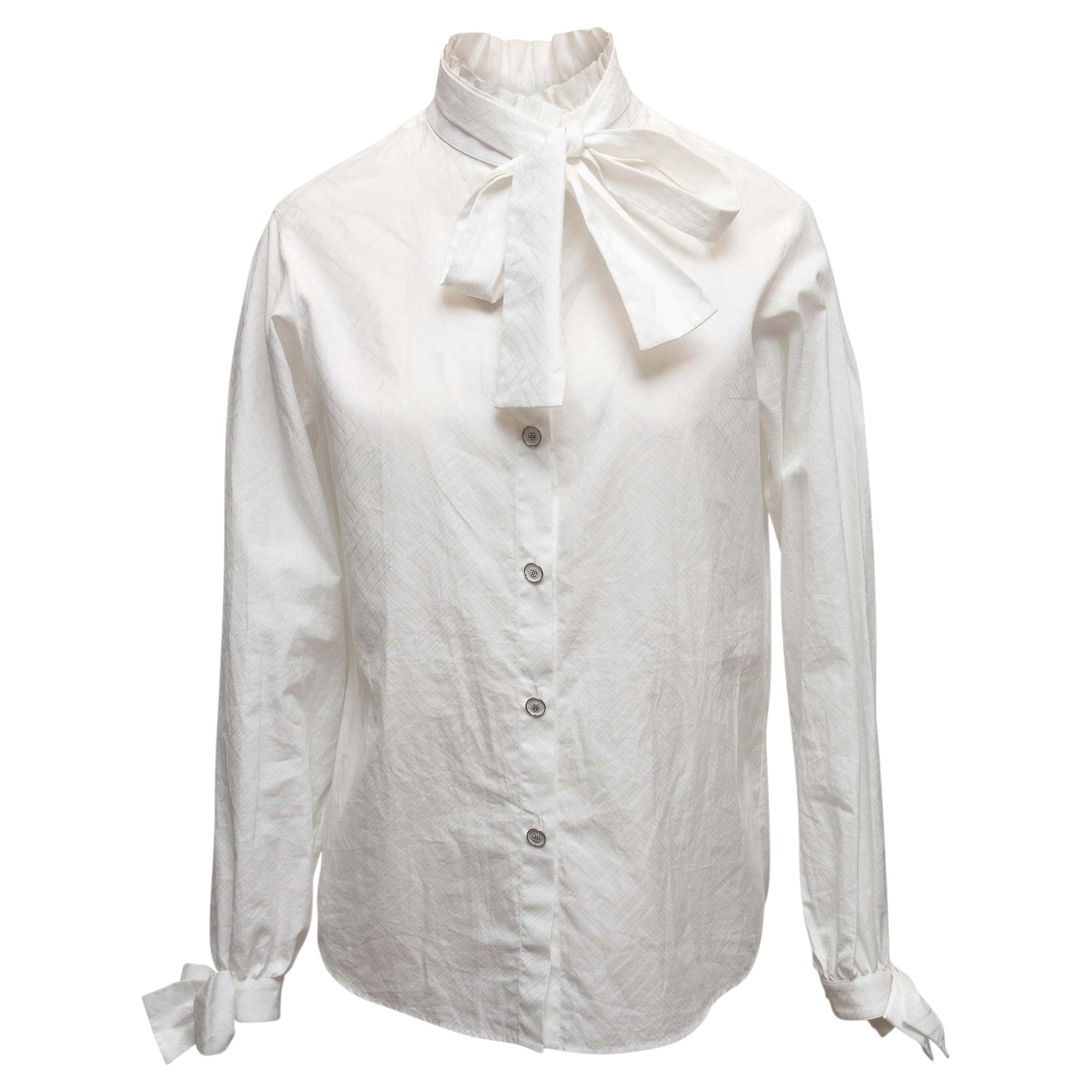 White Chanel Long Sleeve Neck Tie Button-Up Top Size FR 36