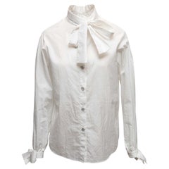 White Chanel Long Sleeve Neck Tie Button-Up Top Size FR 36