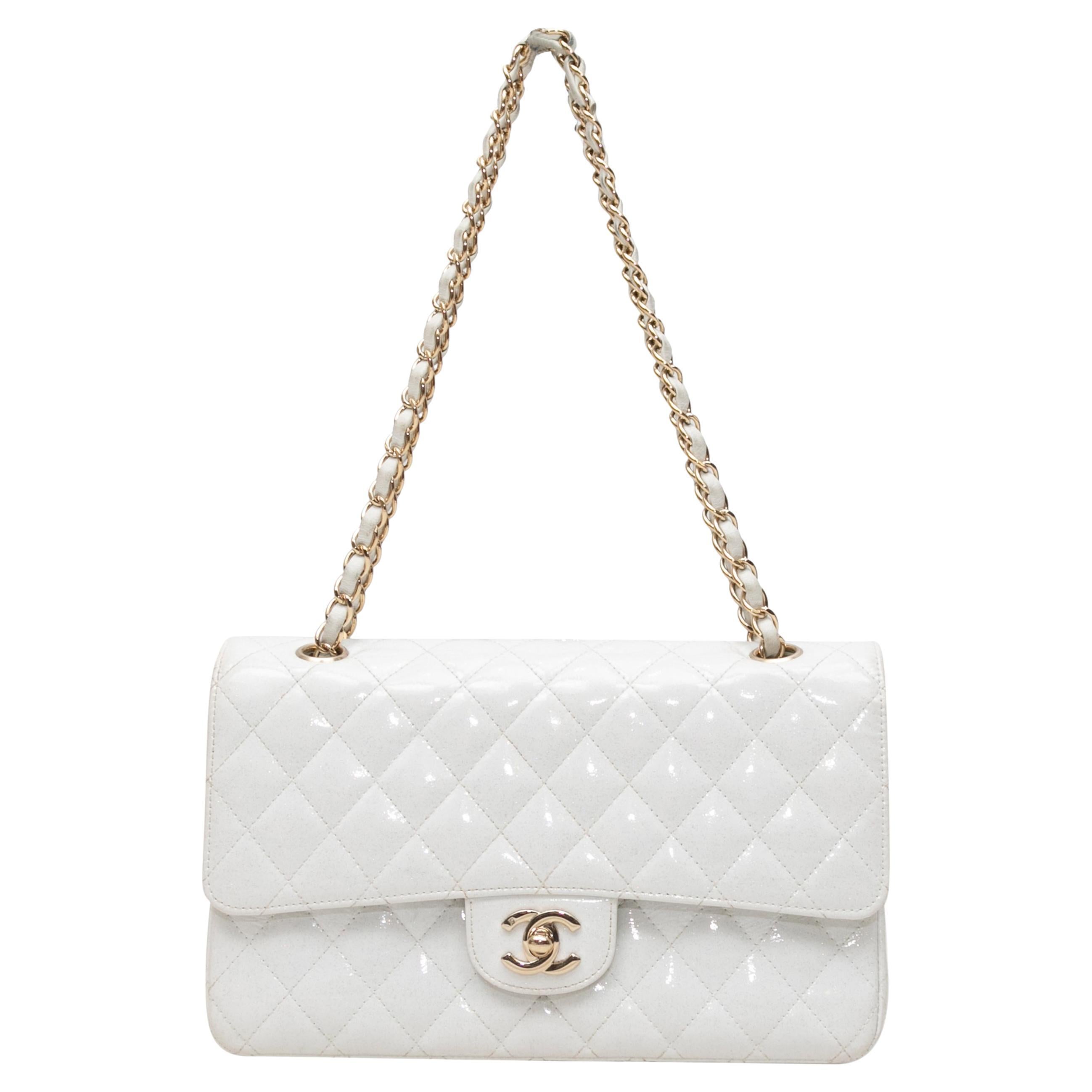 White Chanel Patent Glitter Medium Double Flap Bag For Sale
