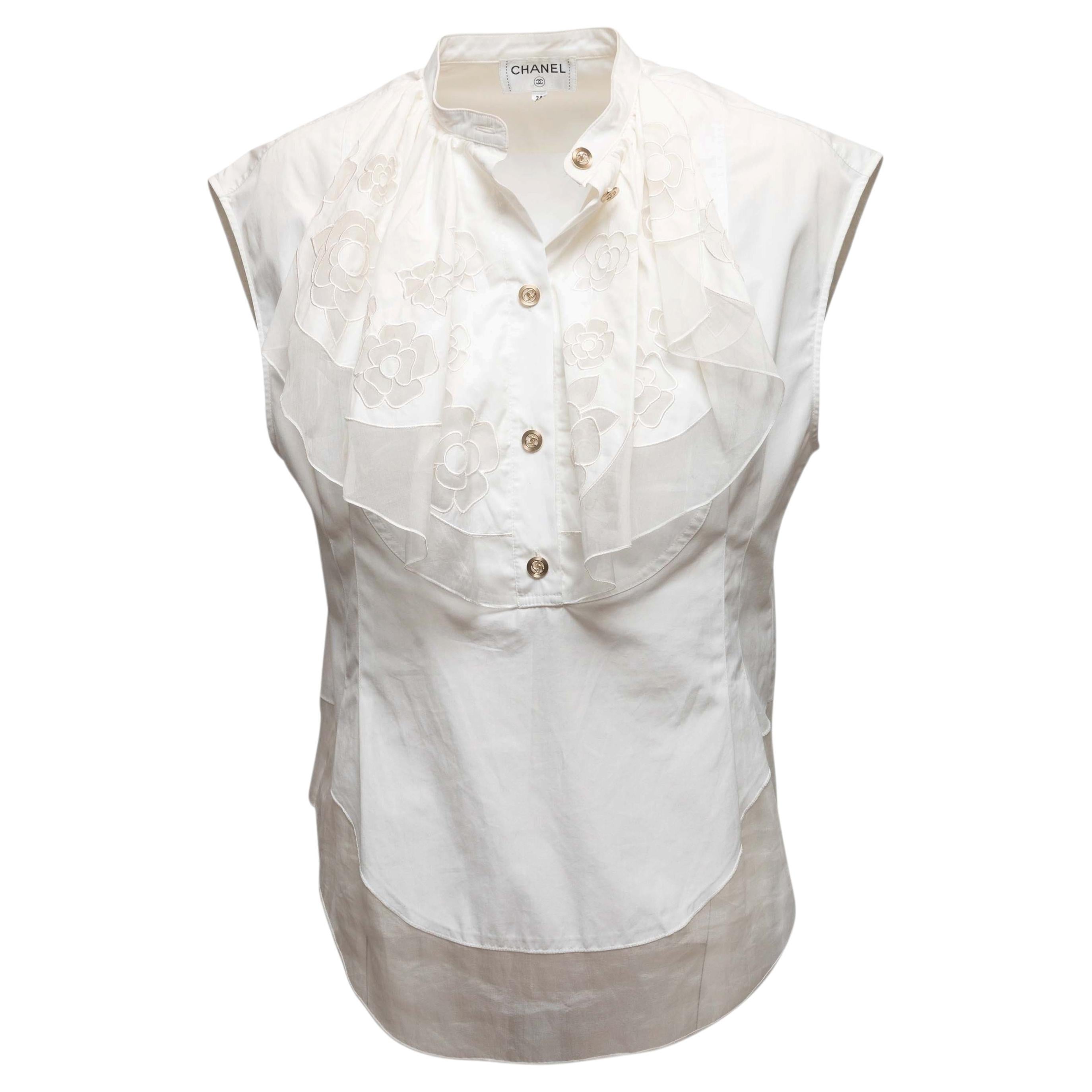 White Chanel Sleeveless Ruffle-Trimmed Top Size FR 38