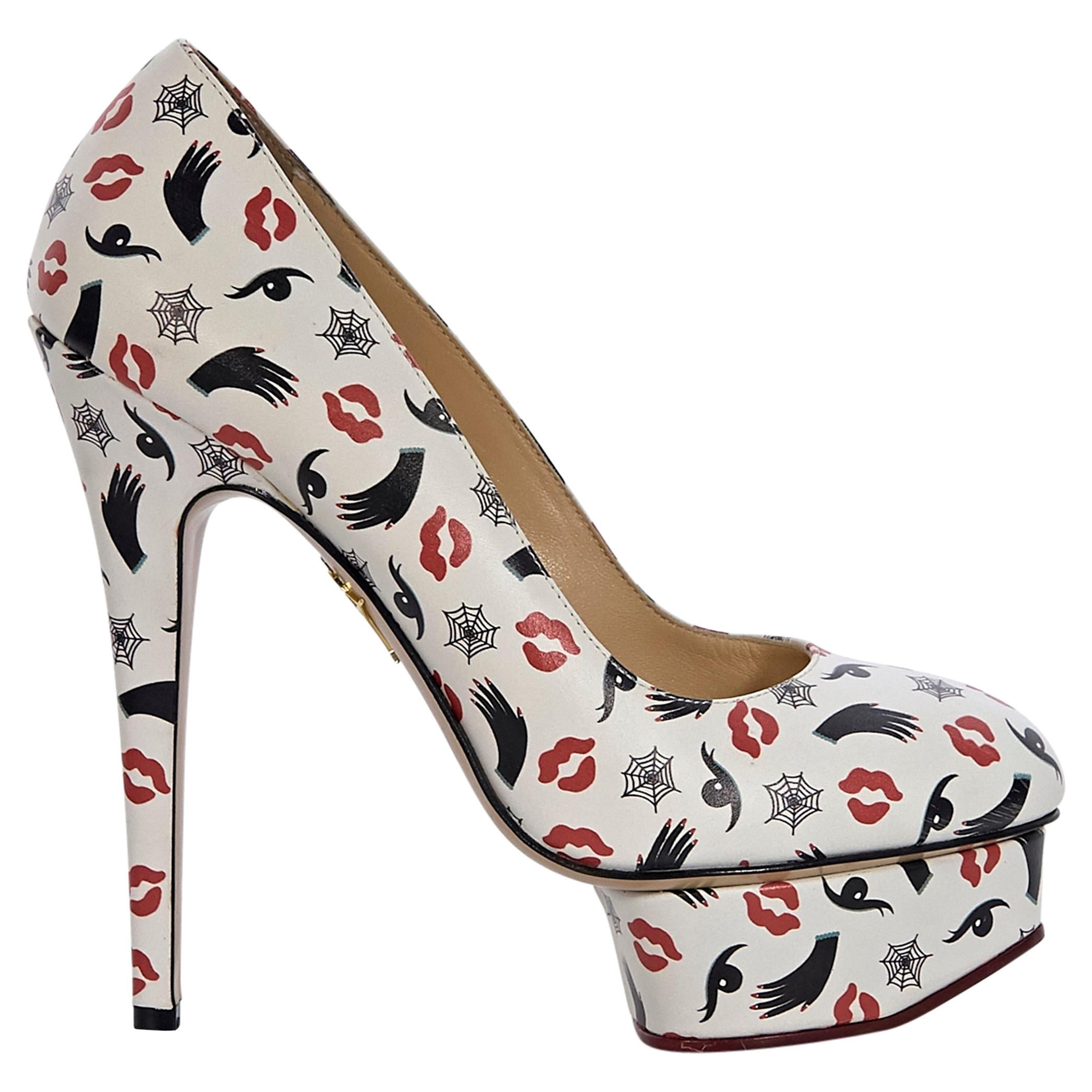 Charlotte Olympia White Leather Printed Platform Pumps