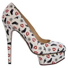 Charlotte Olympia White Leather Printed Platform Pumps