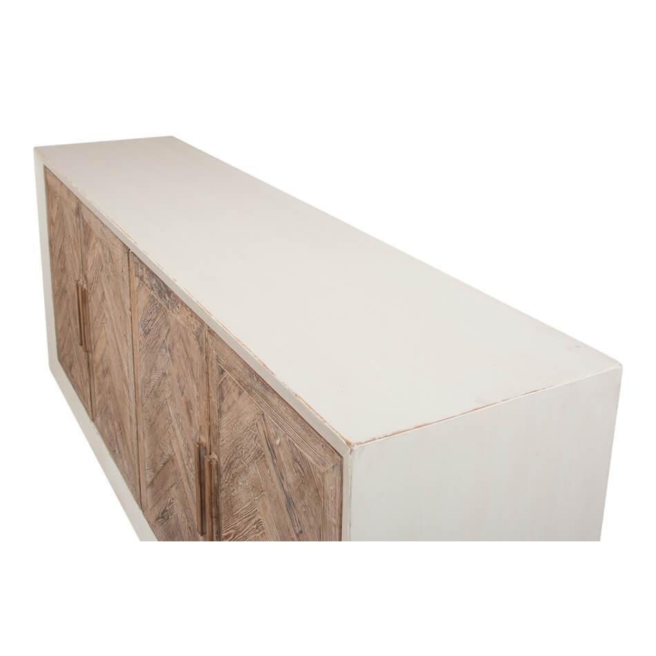 Asian White Chevron Reclaimed Wood Buffet Cabinet For Sale