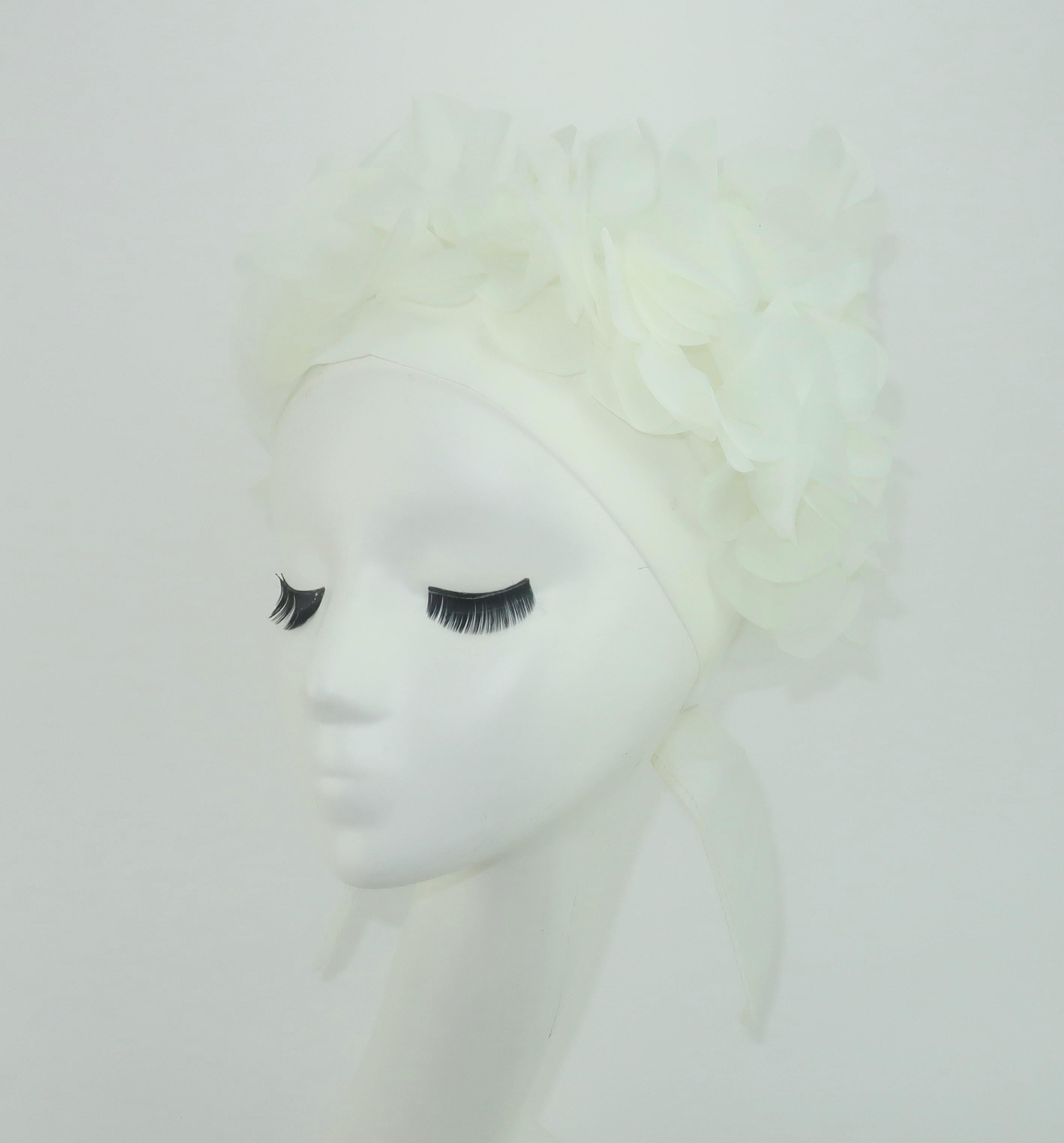 Women's White Chiffon Petals Head Kerchief Scarf, 1960's