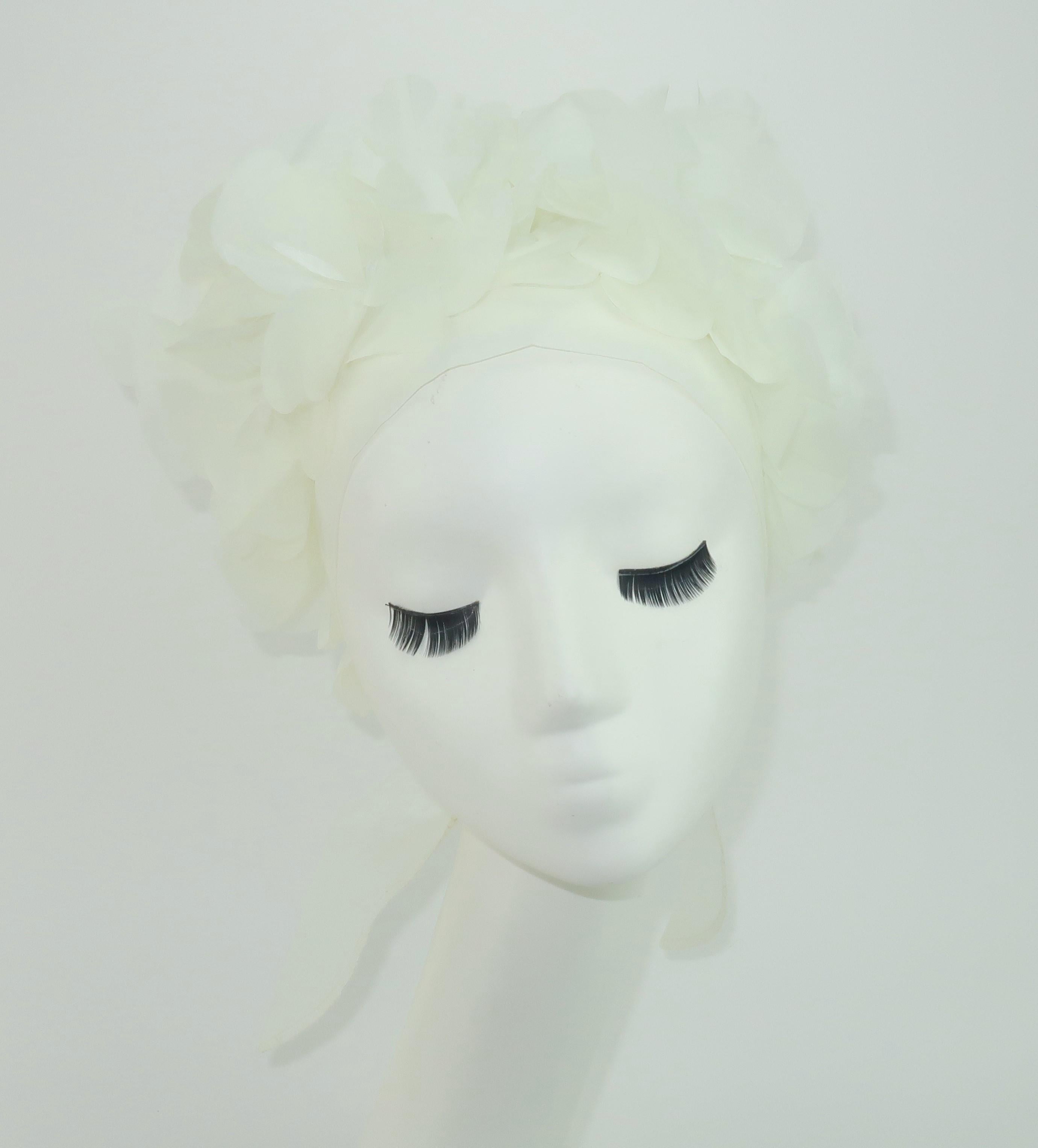 White Chiffon Petals Head Kerchief Scarf, 1960's 1