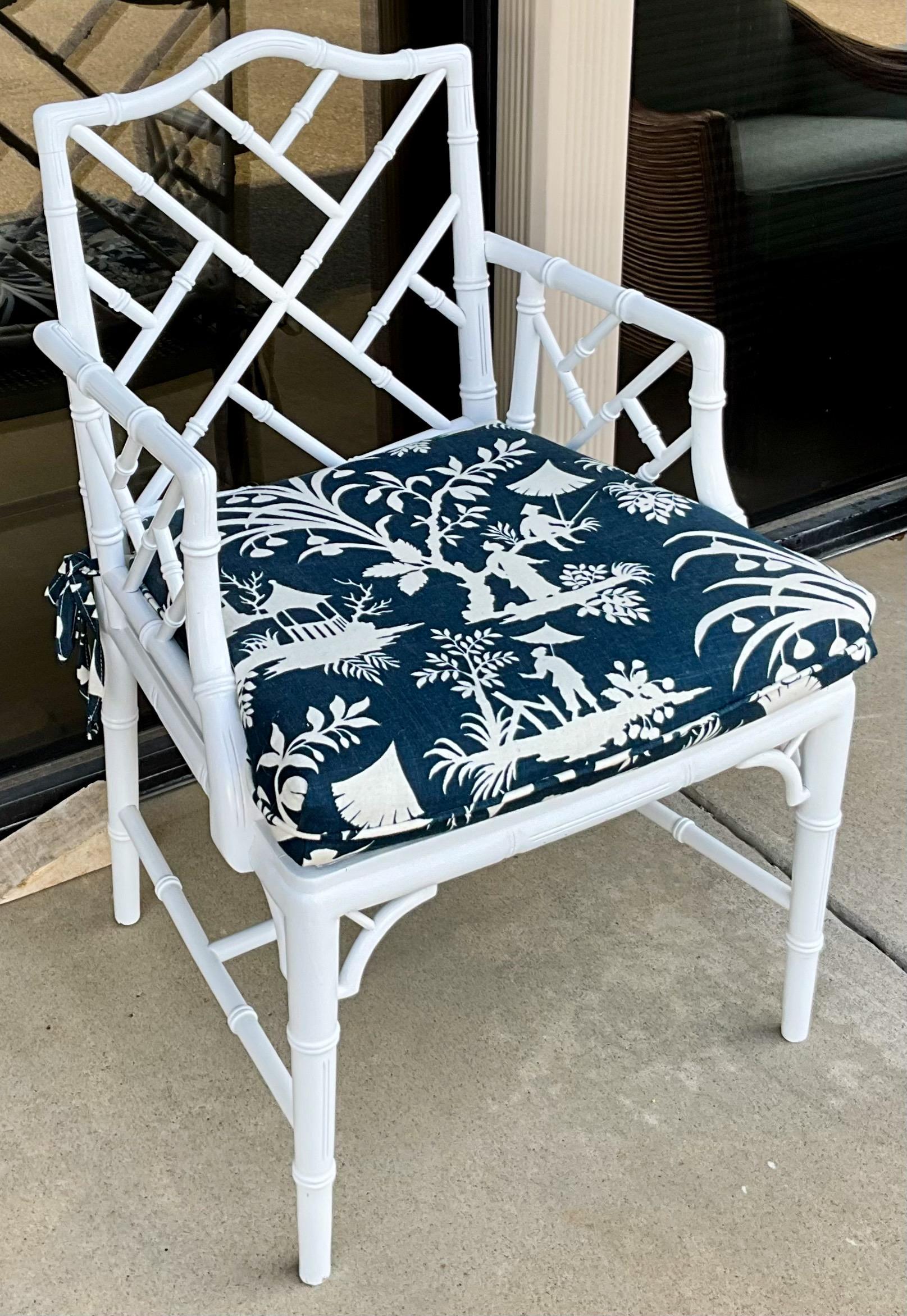White Chinese Chippendale Style Faux Bamboo Chair in Thaibaut South Seas  In Good Condition For Sale In Kennesaw, GA