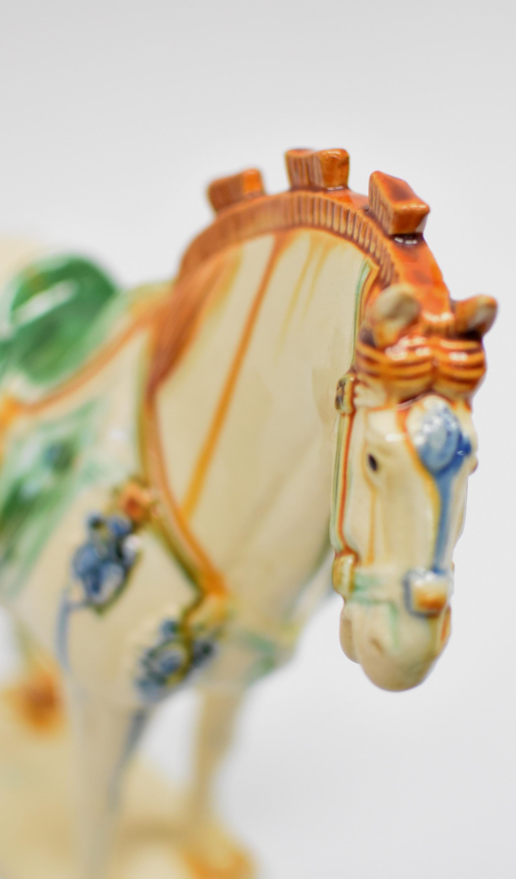 White Chinese Pottery Horse with Blue Bells 6