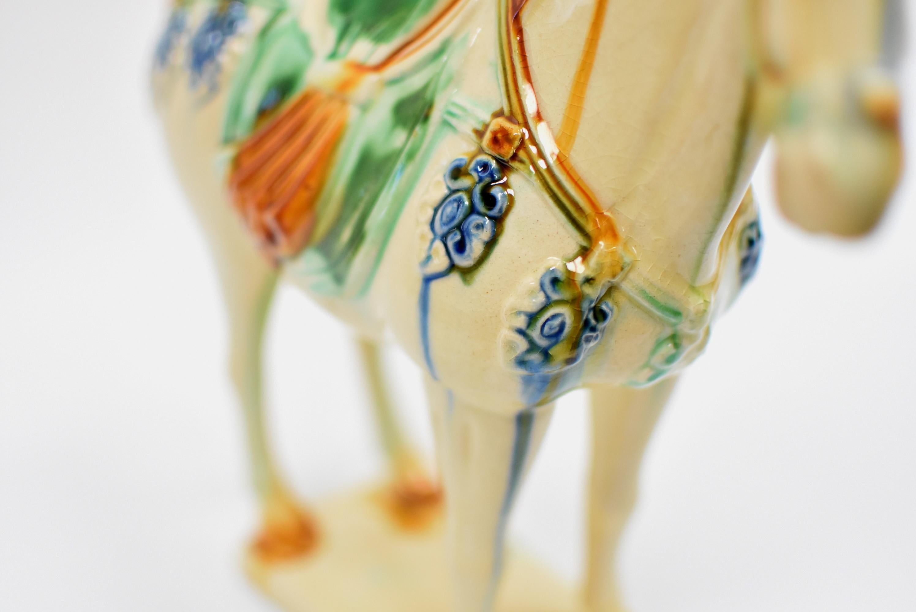 White Chinese Pottery Horse with Blue Bells 7