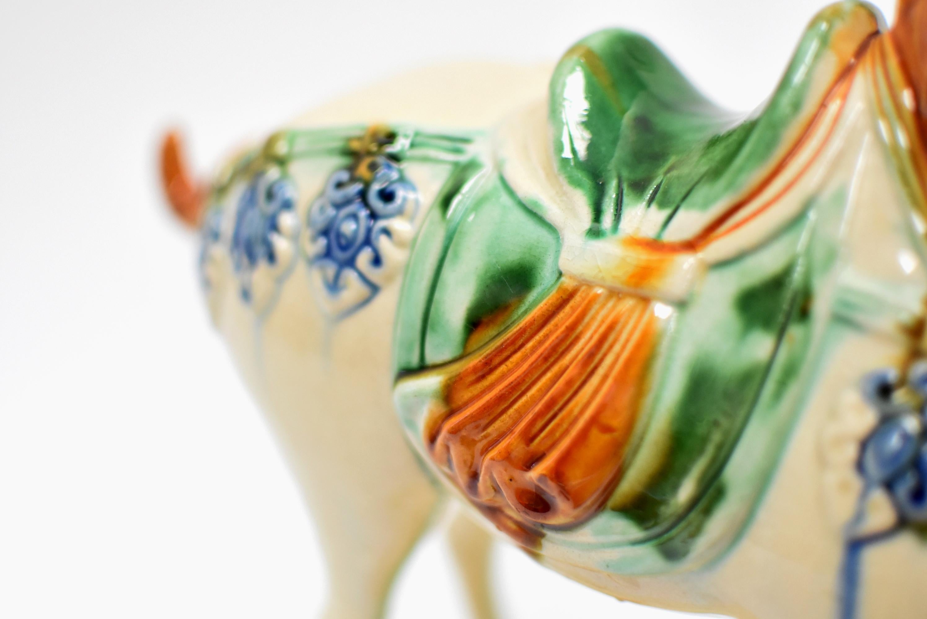 White Chinese Pottery Horse with Blue Bells 8