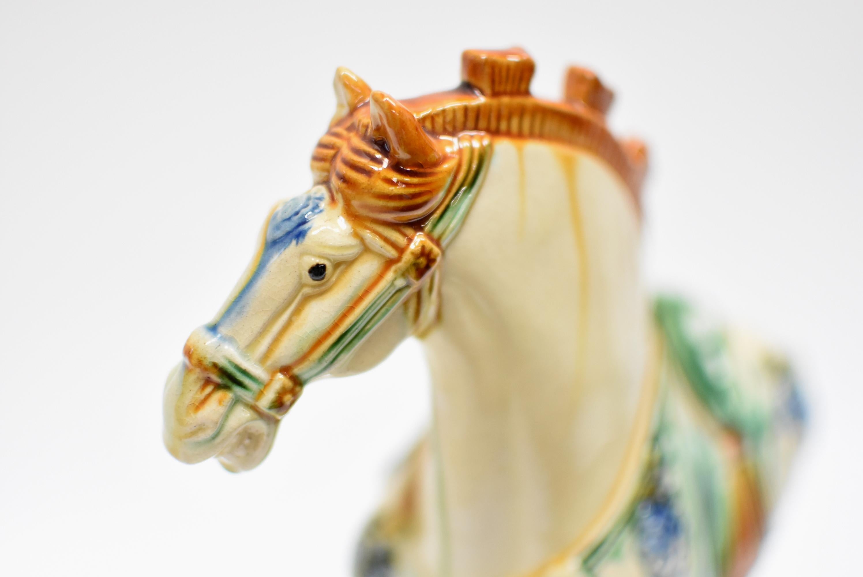 White Chinese Pottery Horse with Blue Bells 9