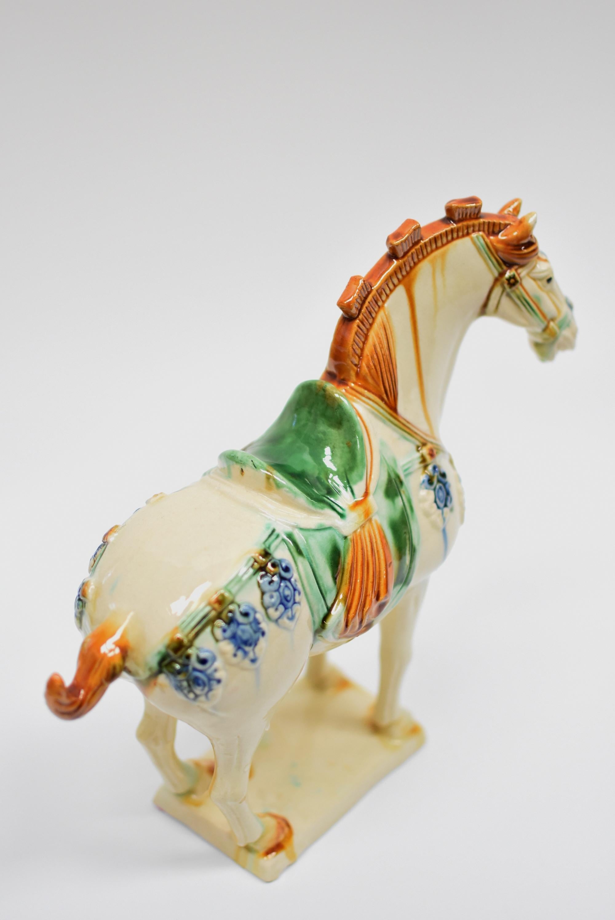 White Chinese Pottery Horse with Blue Bells 11
