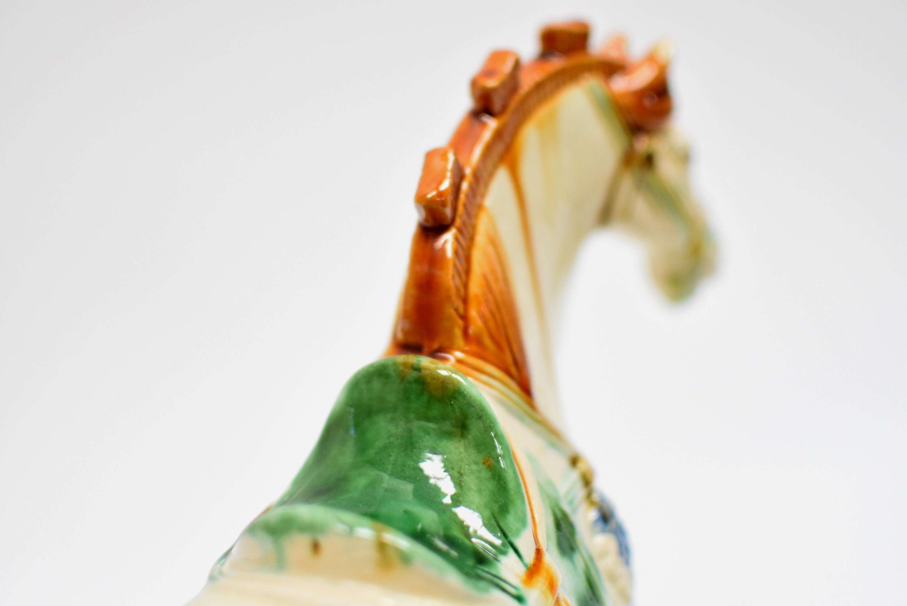White Chinese Pottery Horse with Blue Bells 12