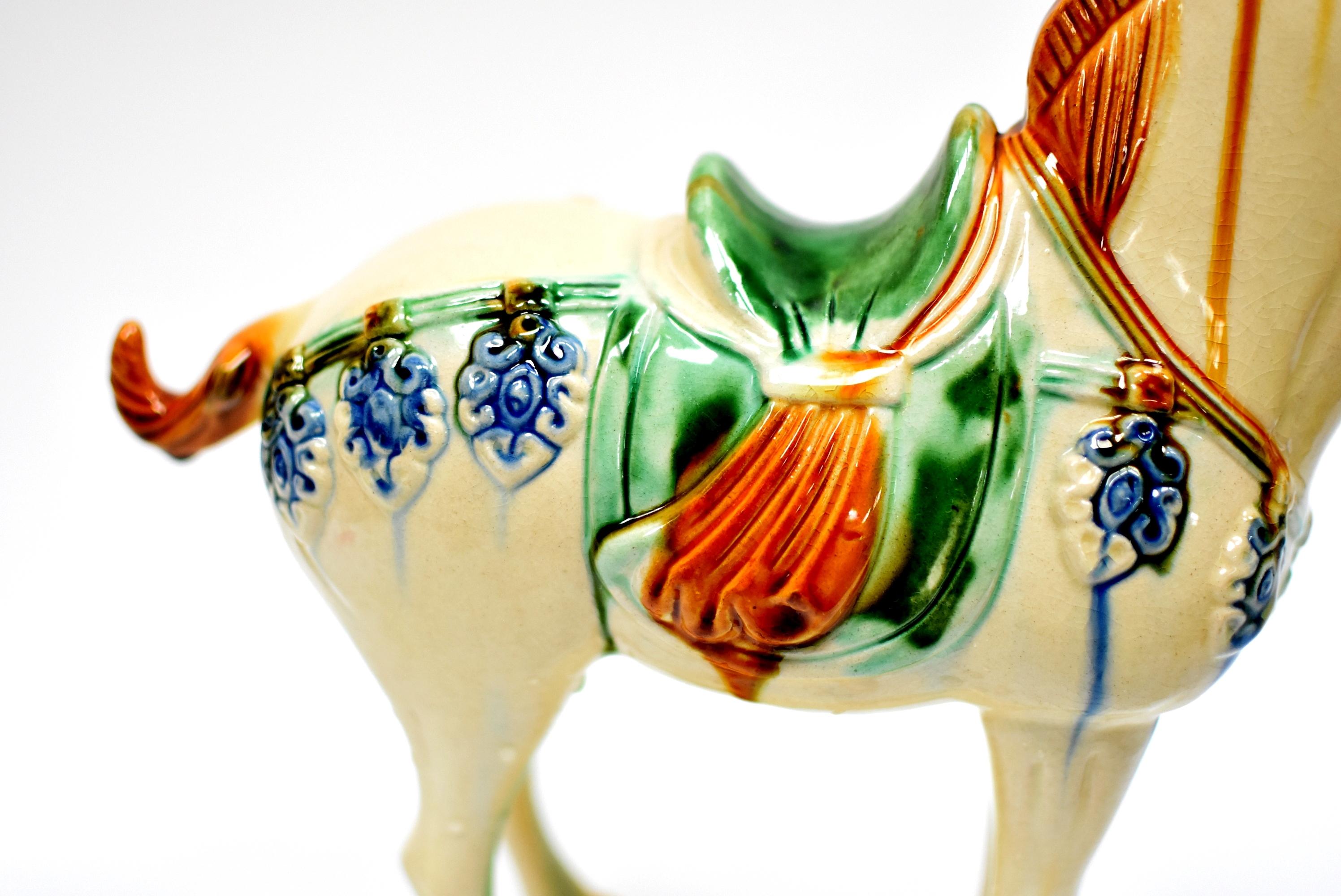 Glazed White Chinese Pottery Horse with Blue Bells