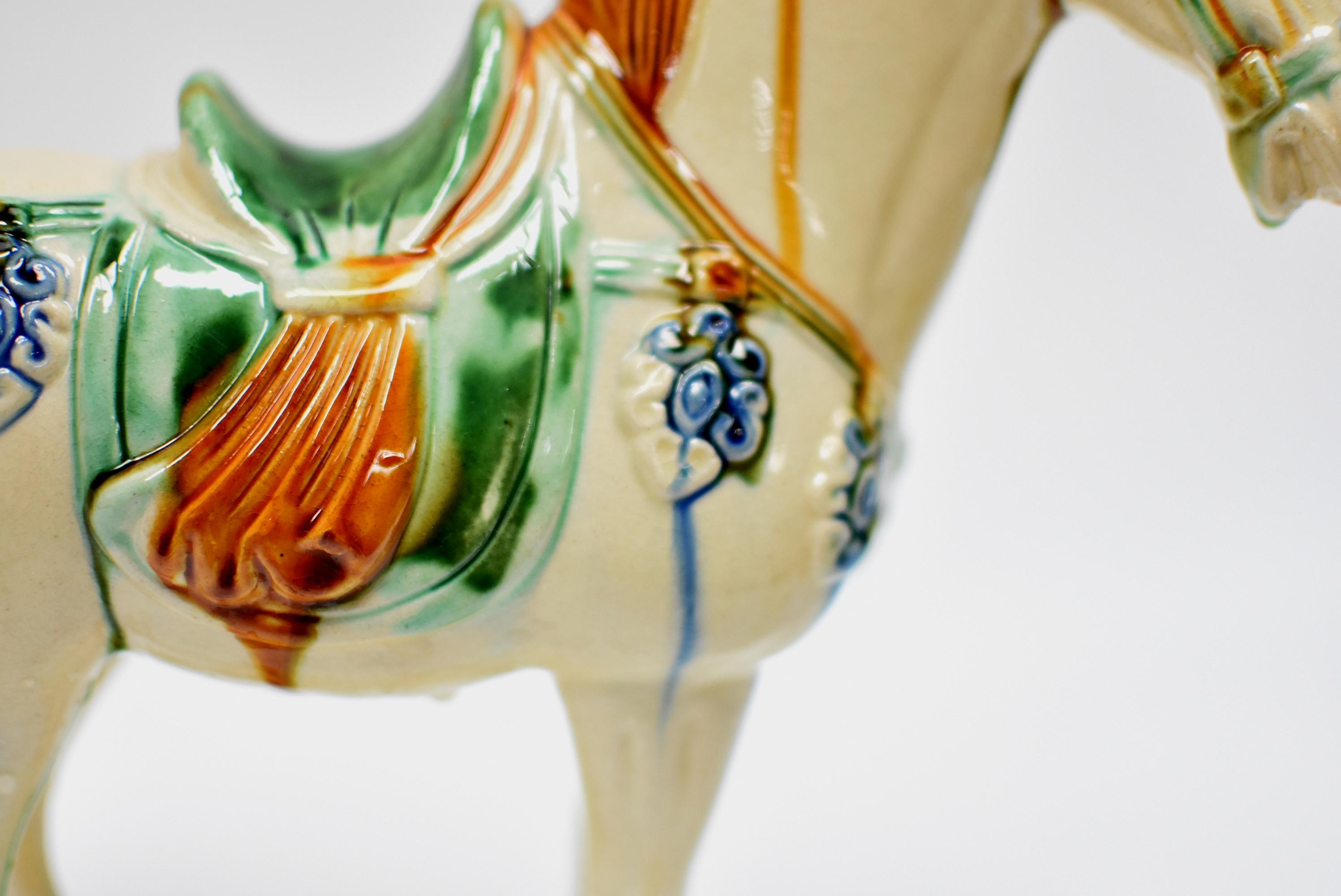 Contemporary White Chinese Pottery Horse with Blue Bells