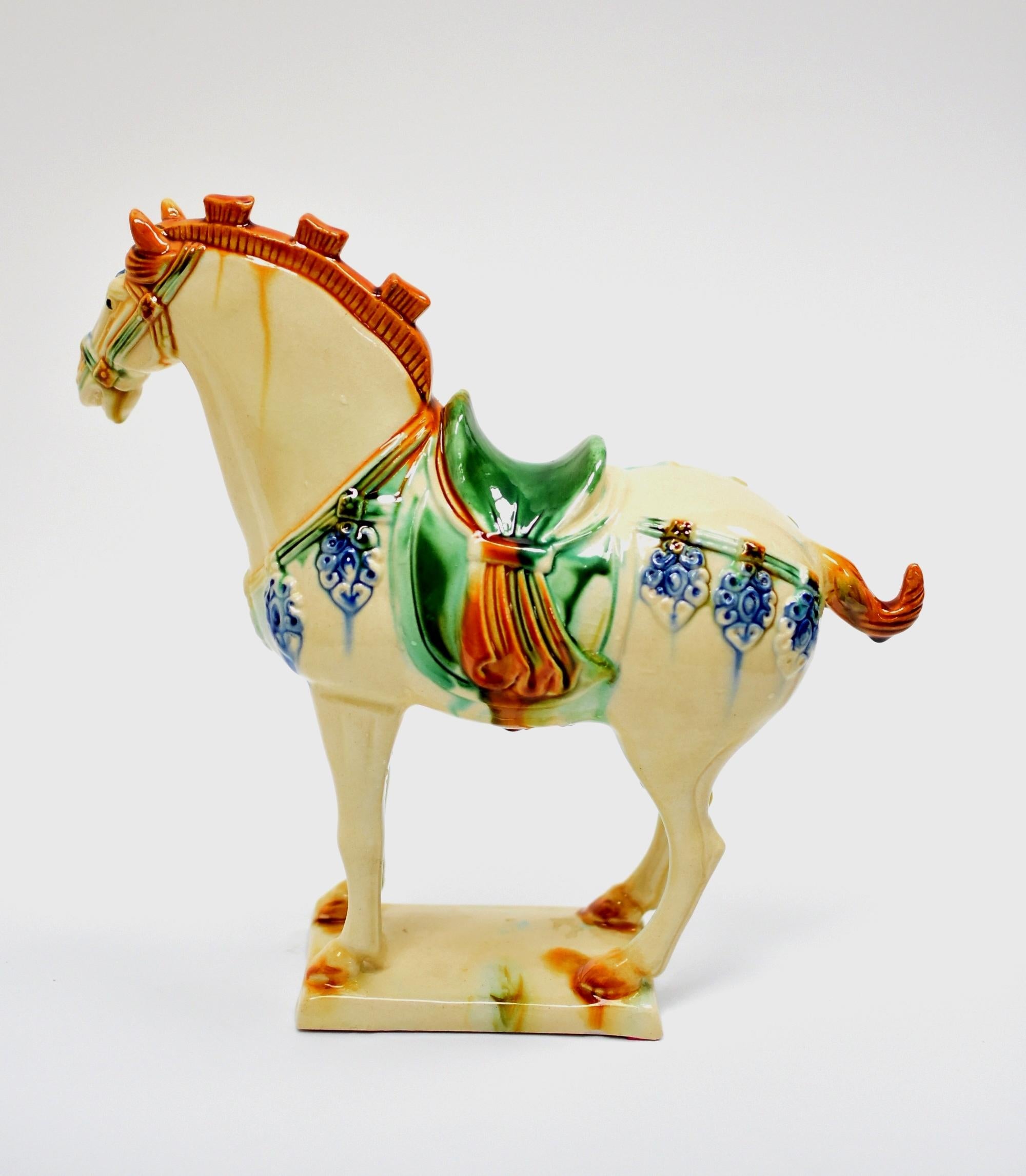 Terracotta White Chinese Pottery Horse with Blue Bells