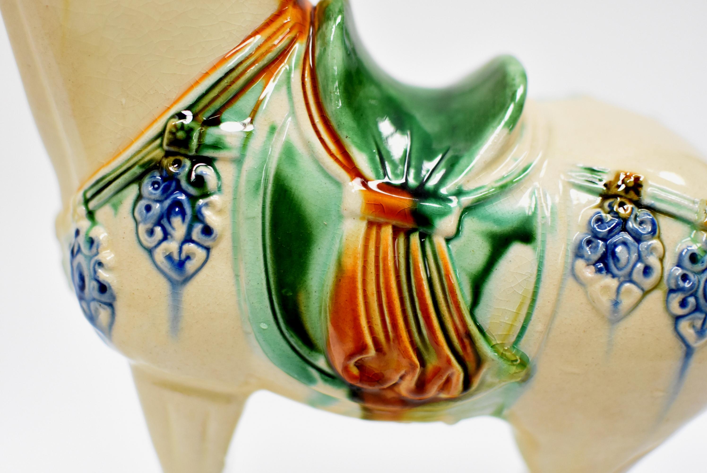 White Chinese Pottery Horse with Blue Bells 2