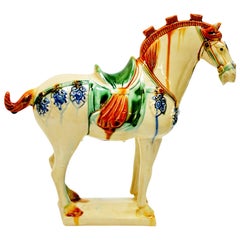 White Chinese Pottery Horse with Blue Bells