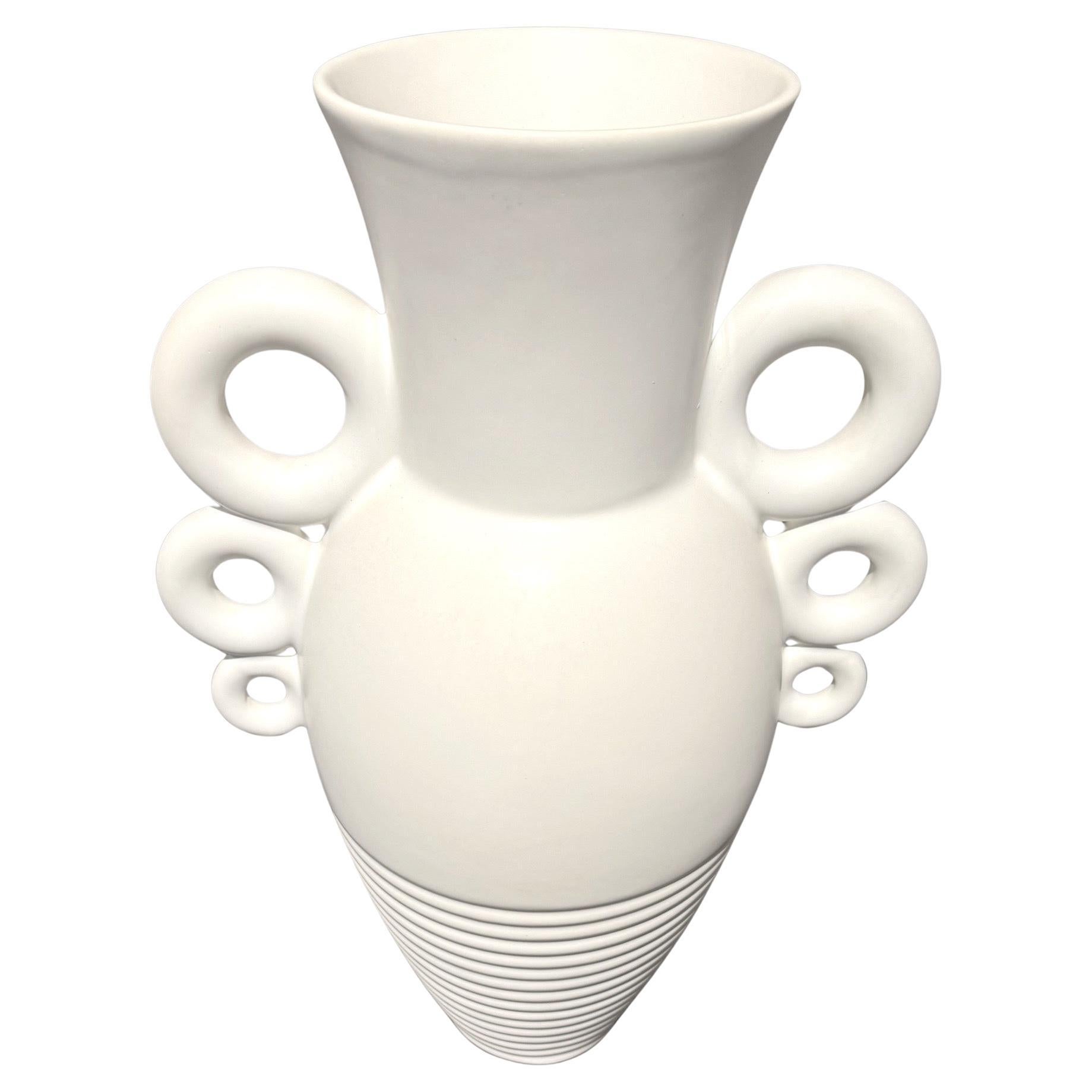 White Circled Handles Decorative Ceramic Vase, France, Contemporary