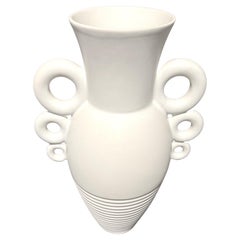 White Circled Handles Decorative Ceramic Vase, France, Contemporary