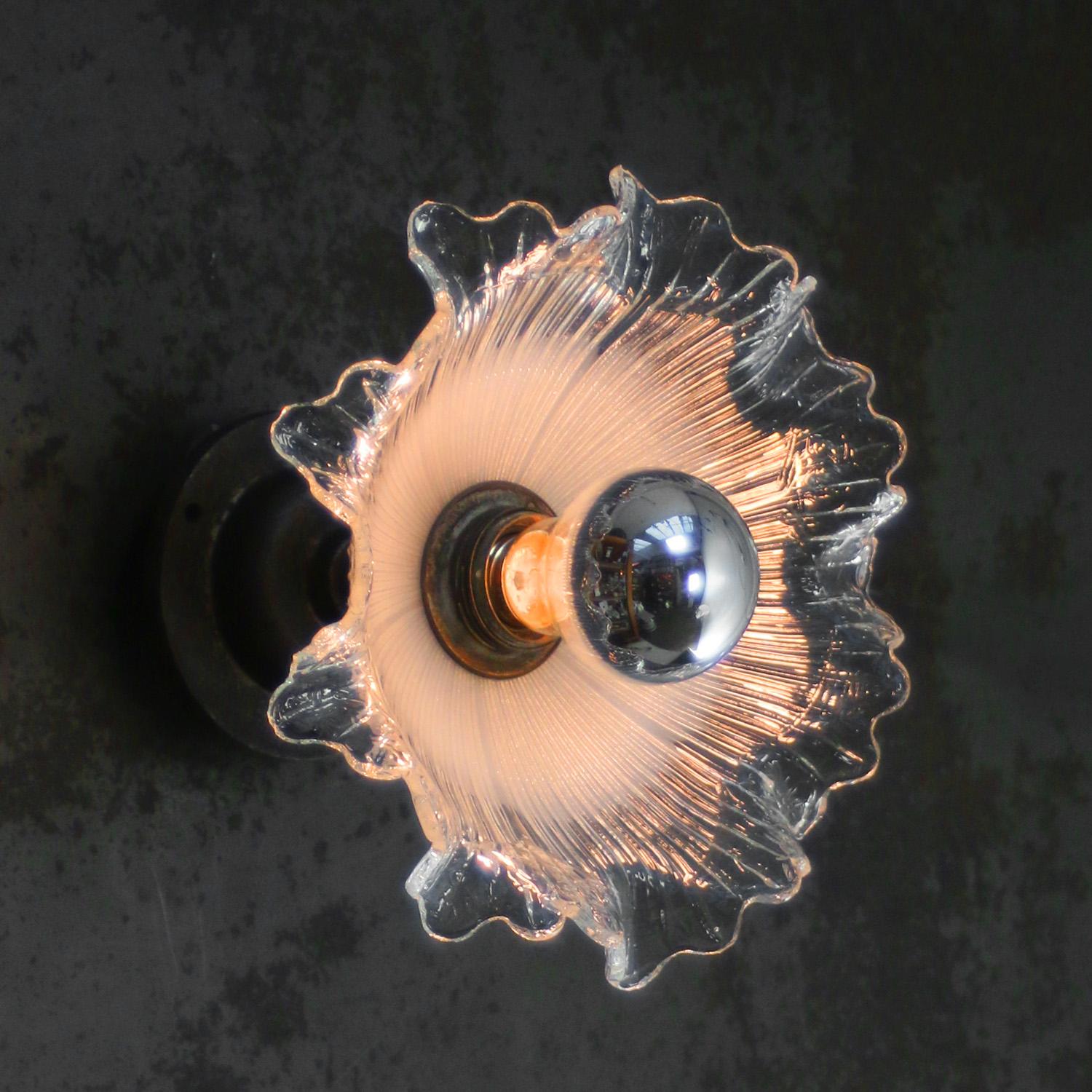 Glass sconce / flush mount
metal bulb holder with striped glass shade

cast iron wall mount diameter 10.5 cm / 4”
wall lamp / ceiling Sconce

Weight: 1.50 kg / 3.3 lb

Priced per individual item. All lamps have been made suitable by international