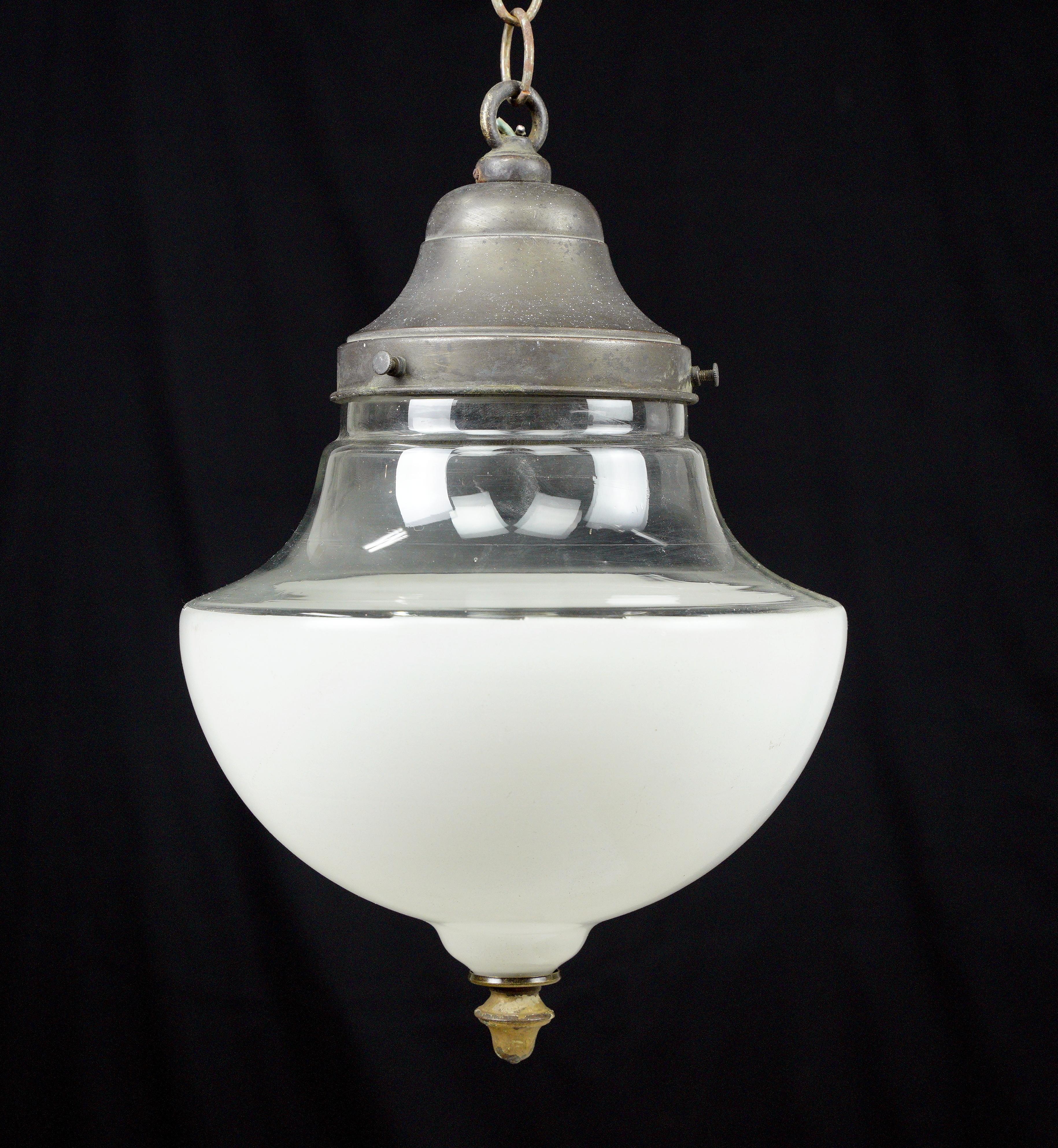 White& Clear Glass Globe Brass Chain Pendant Light In Good Condition In New York, NY