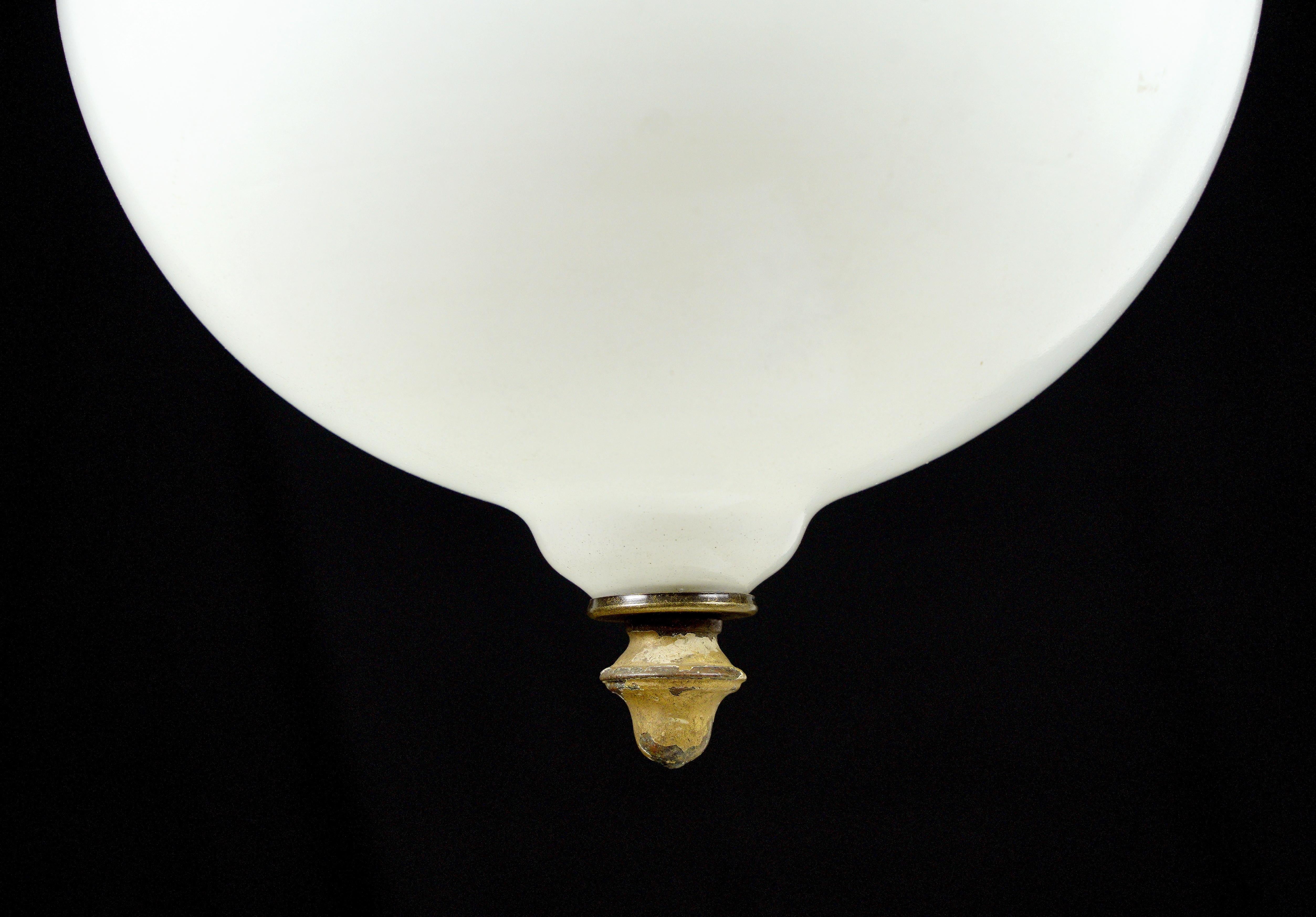 20th Century White& Clear Glass Globe Brass Chain Pendant Light
