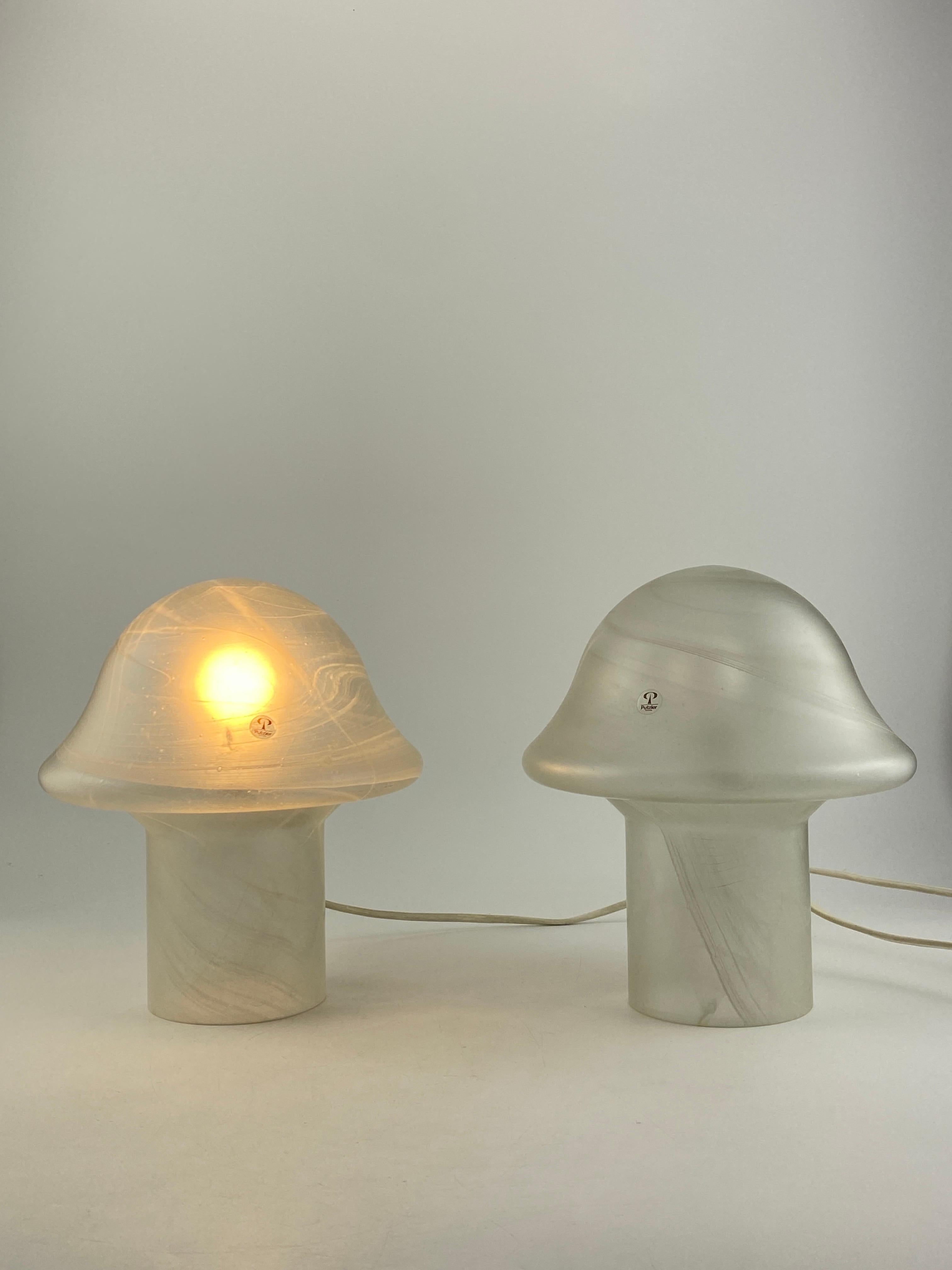 German one of four White Clear Glass Peill and Putzler Mushroom Table Lamp 1970 For Sale