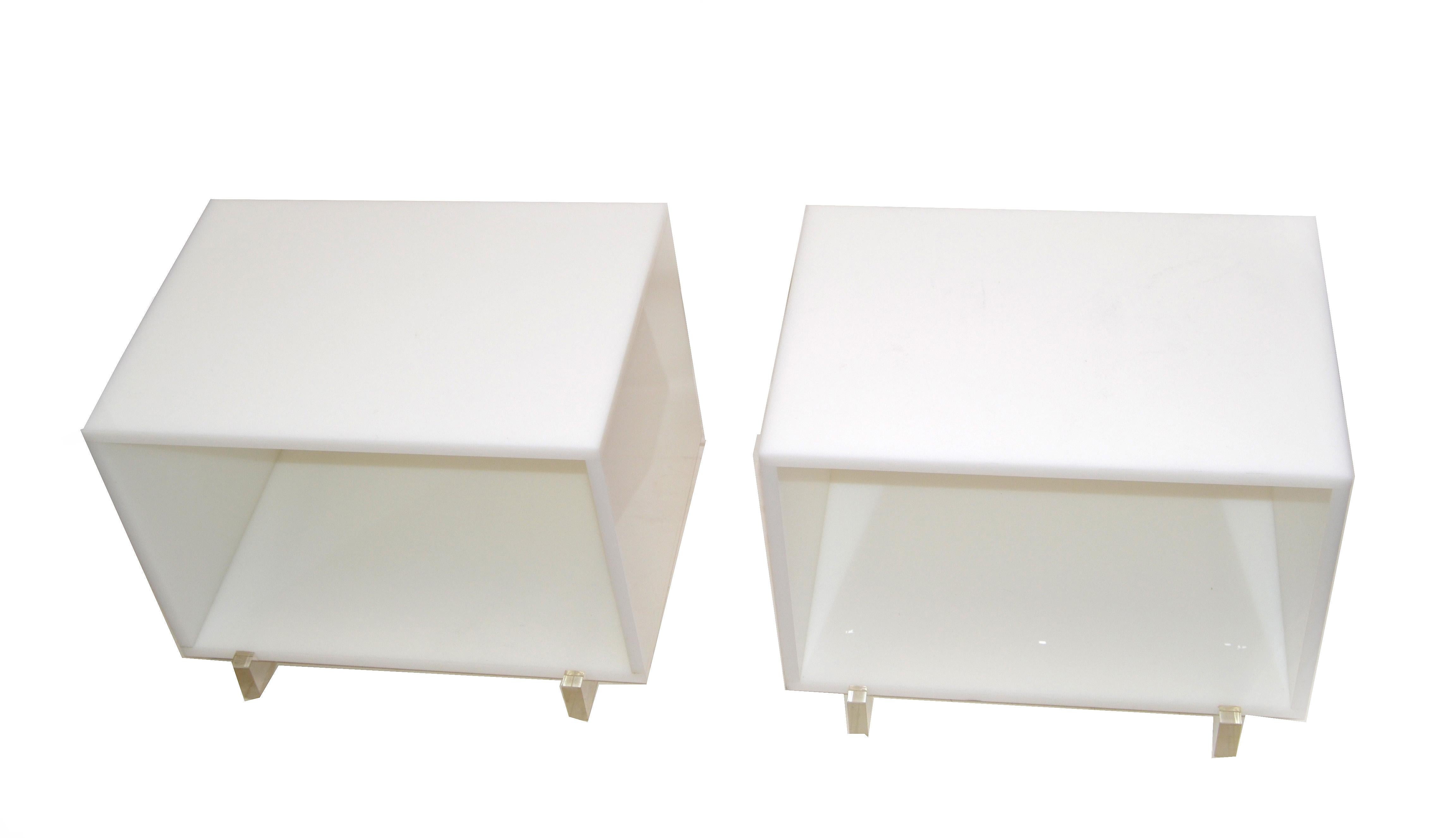 White & Clear Lucite Mid-Century Modern Side, Bedside Tables Night Stands, Pair 3