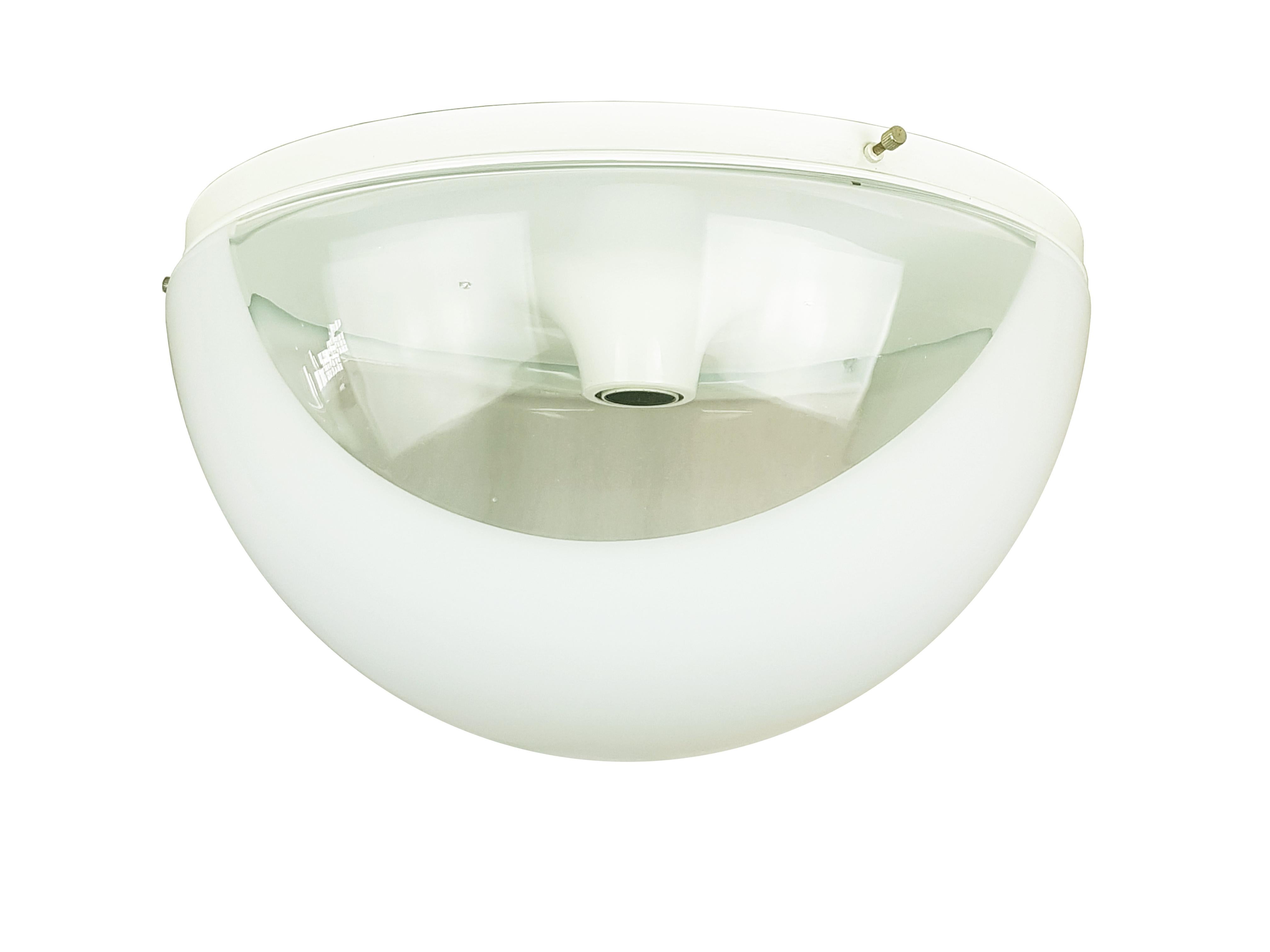 Late 20th Century White & Clear Murano Glass & Metal '60s flush mount lamp by C. Nason for Mazzega For Sale