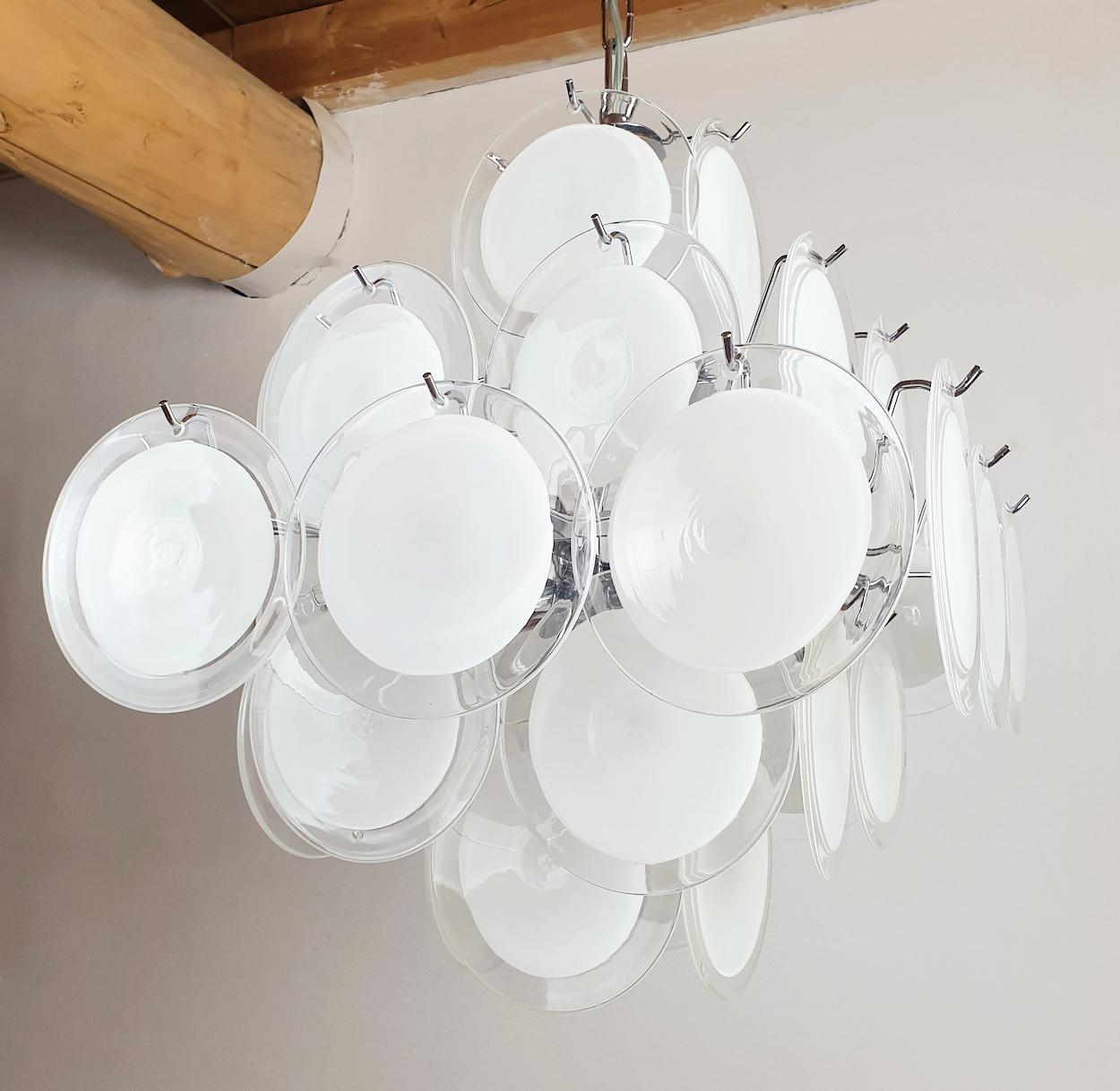 Italian White & Clear Murano Glass Mid-Century Modern Disc Chandelier, Vistosi Italy 80s