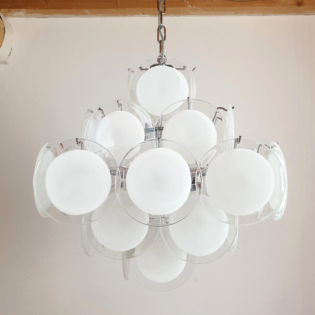 Hand-Crafted White & Clear Murano Glass Mid-Century Modern Disc Chandelier, Vistosi Italy 80s