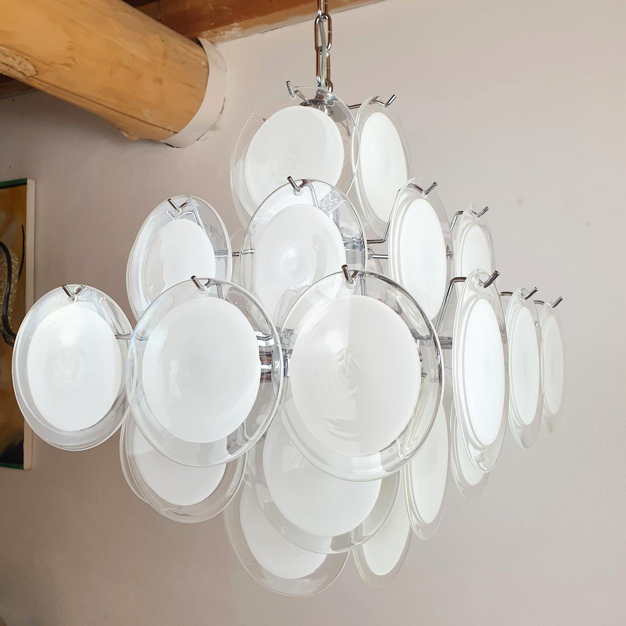 Late 20th Century White & Clear Murano Glass Mid-Century Modern Disc Chandelier, Vistosi Italy 80s