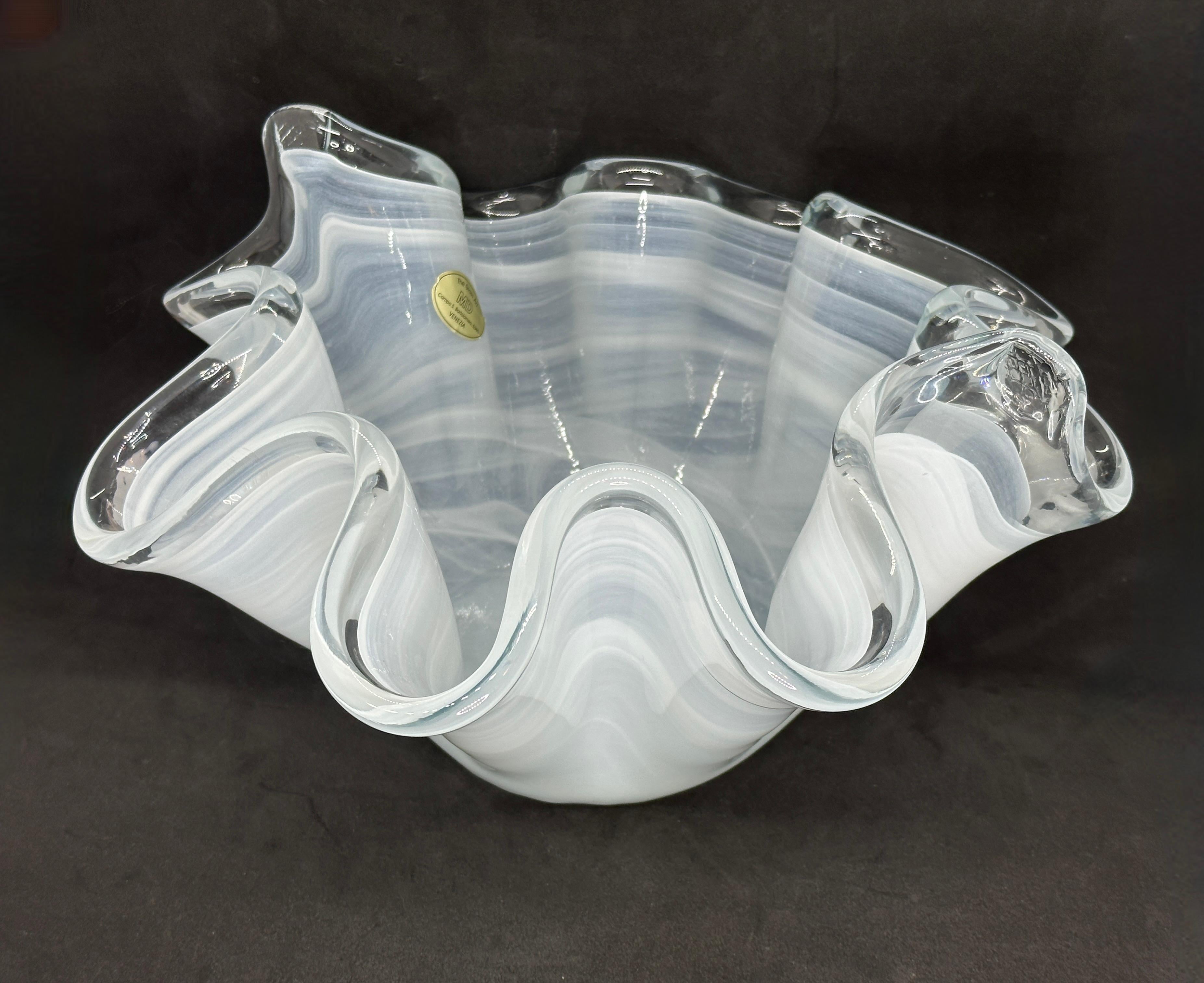 Murano Glass White & Clear Swirl Art Glass Murano Large Handkerchief Bowl, Modern, 1980s For Sale