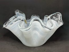 White & Clear Swirl Art Glass Murano Large Handkerchief Bowl, Modern, 1980s