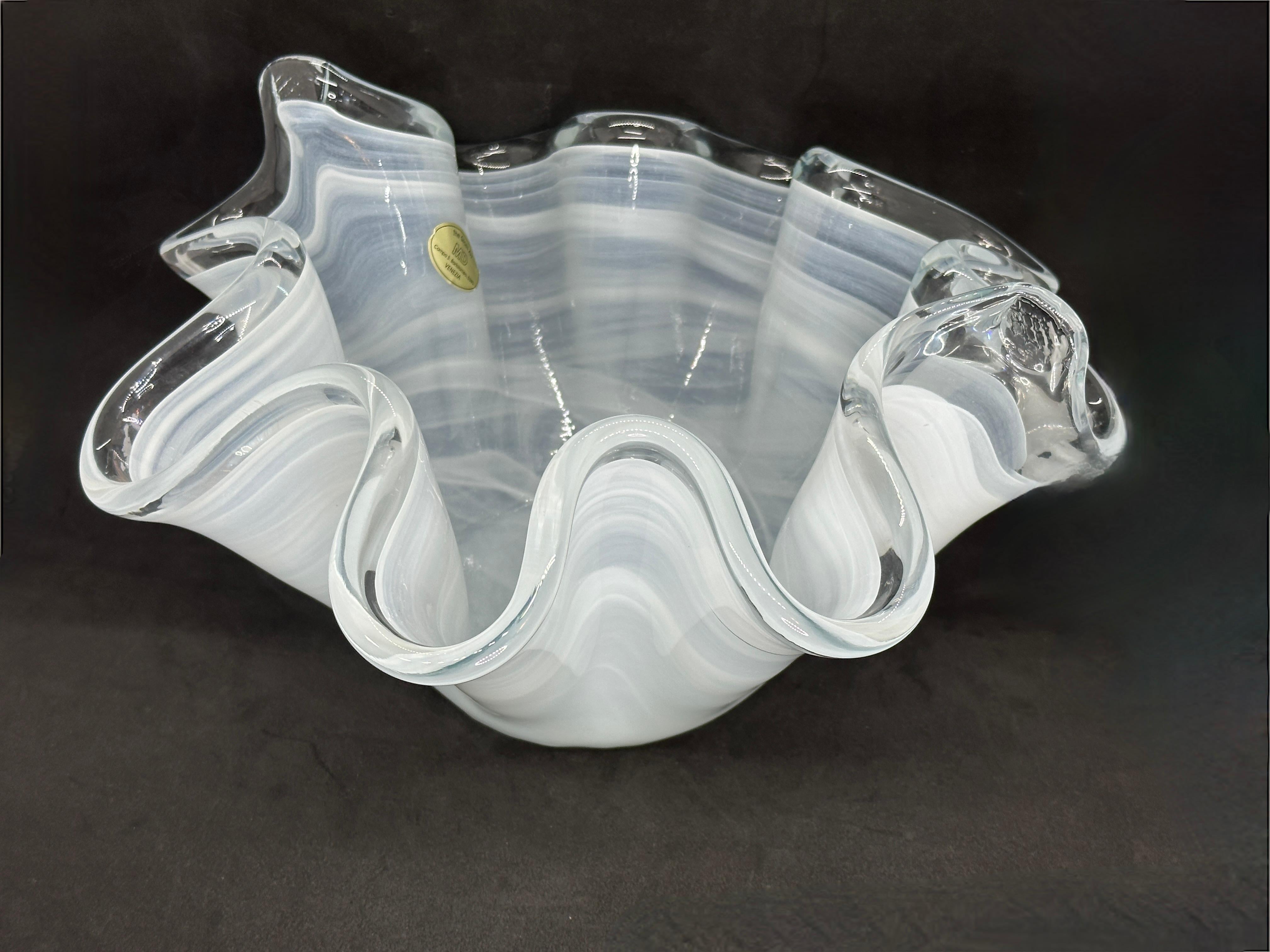 Late 20th Century White & Clear Swirl Art Glass Murano Large Handkerchief Bowl, Modern, 1980s For Sale
