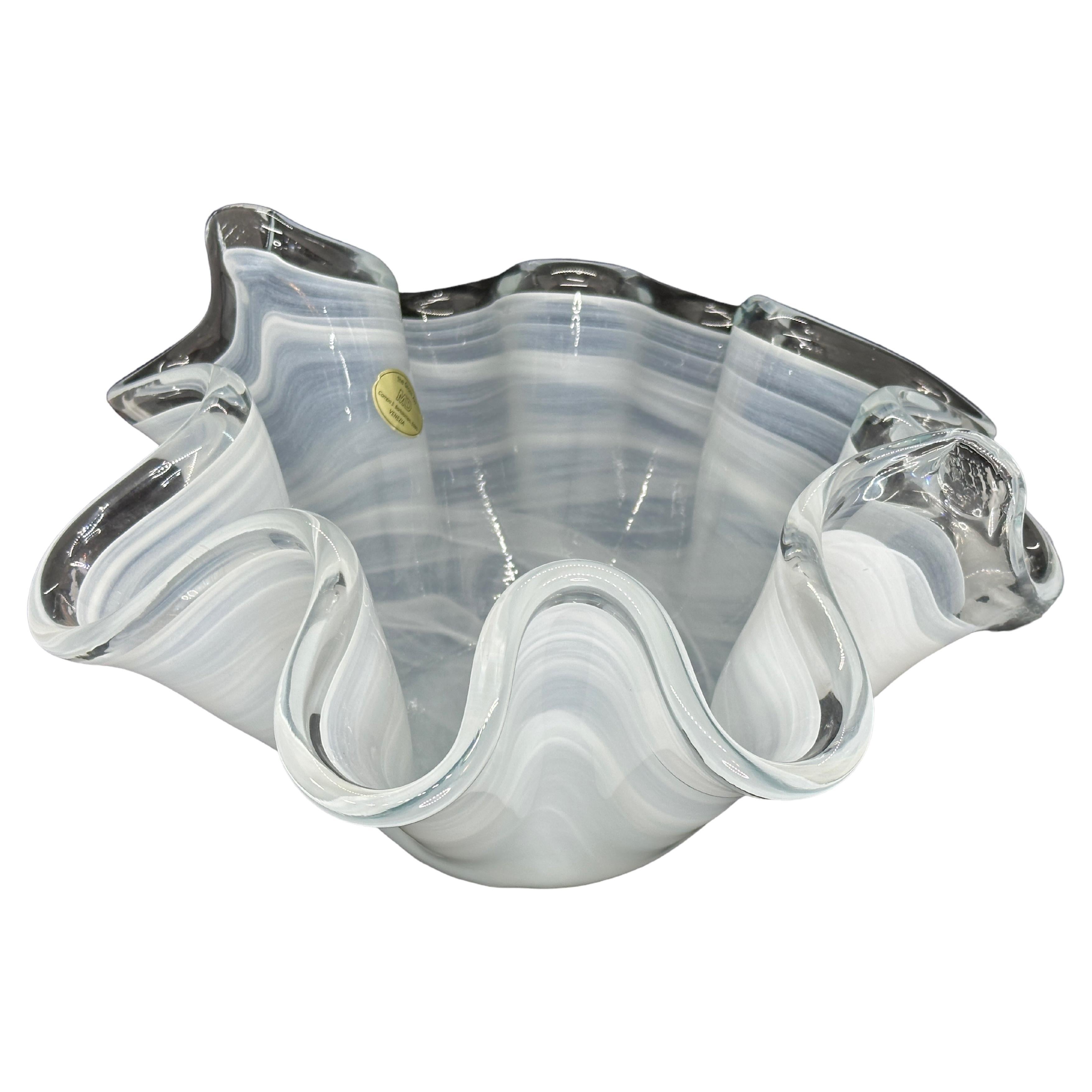 White & Clear Swirl Art Glass Murano Large Handkerchief Bowl, Modern, 1980s For Sale