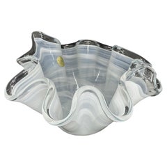 White & Clear Swirl Art Glass Murano Large Handkerchief Bowl, Modern, 1980s