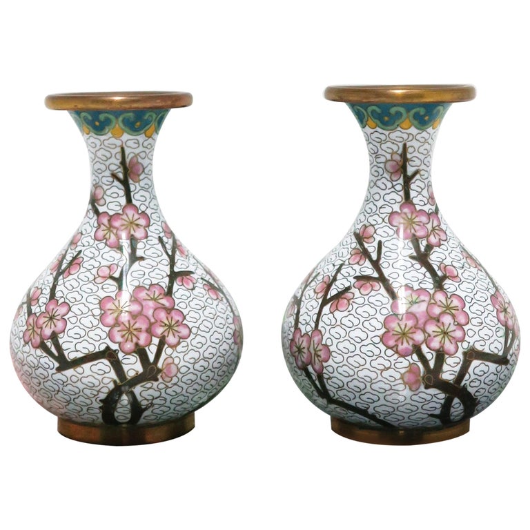 White Cloisonné Enamel and Brass Vases with Pink Cherry Blossom Design, a  Pair For Sale at 1stDibs