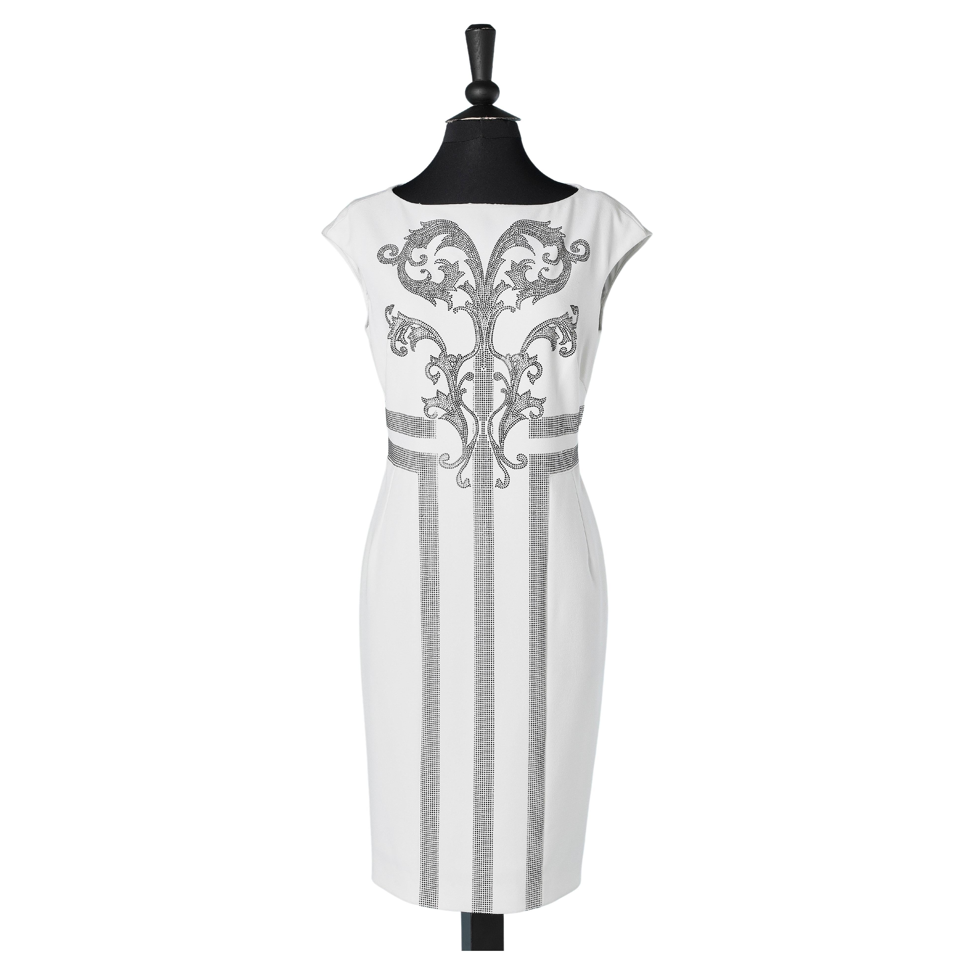 White cocktail dress with tiny rhinestones and black studs Versace Collection 