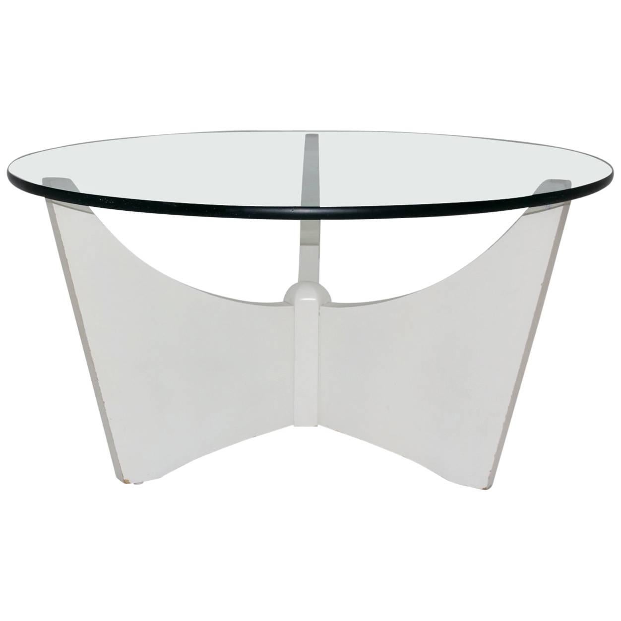 Space Age Vintage White Coffee Table with Glass Top, circa 1970 For Sale